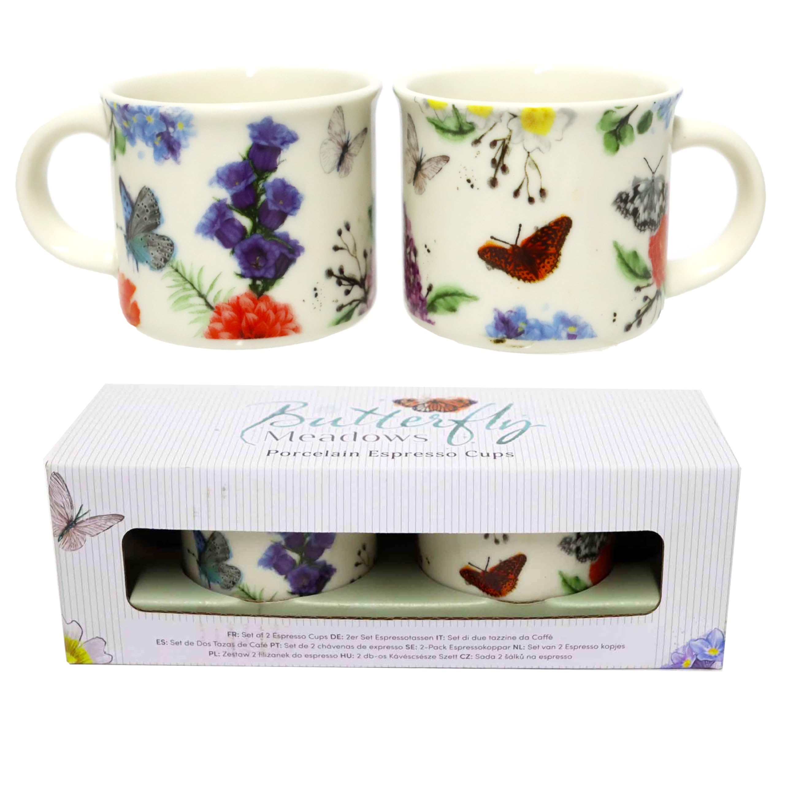 Puckator Multi-Coloured - Set Of Two Porcelain Coffee Cups With Butterfly Theme, Animals - Original English Design Butterfly Meadows - Espresso Cup