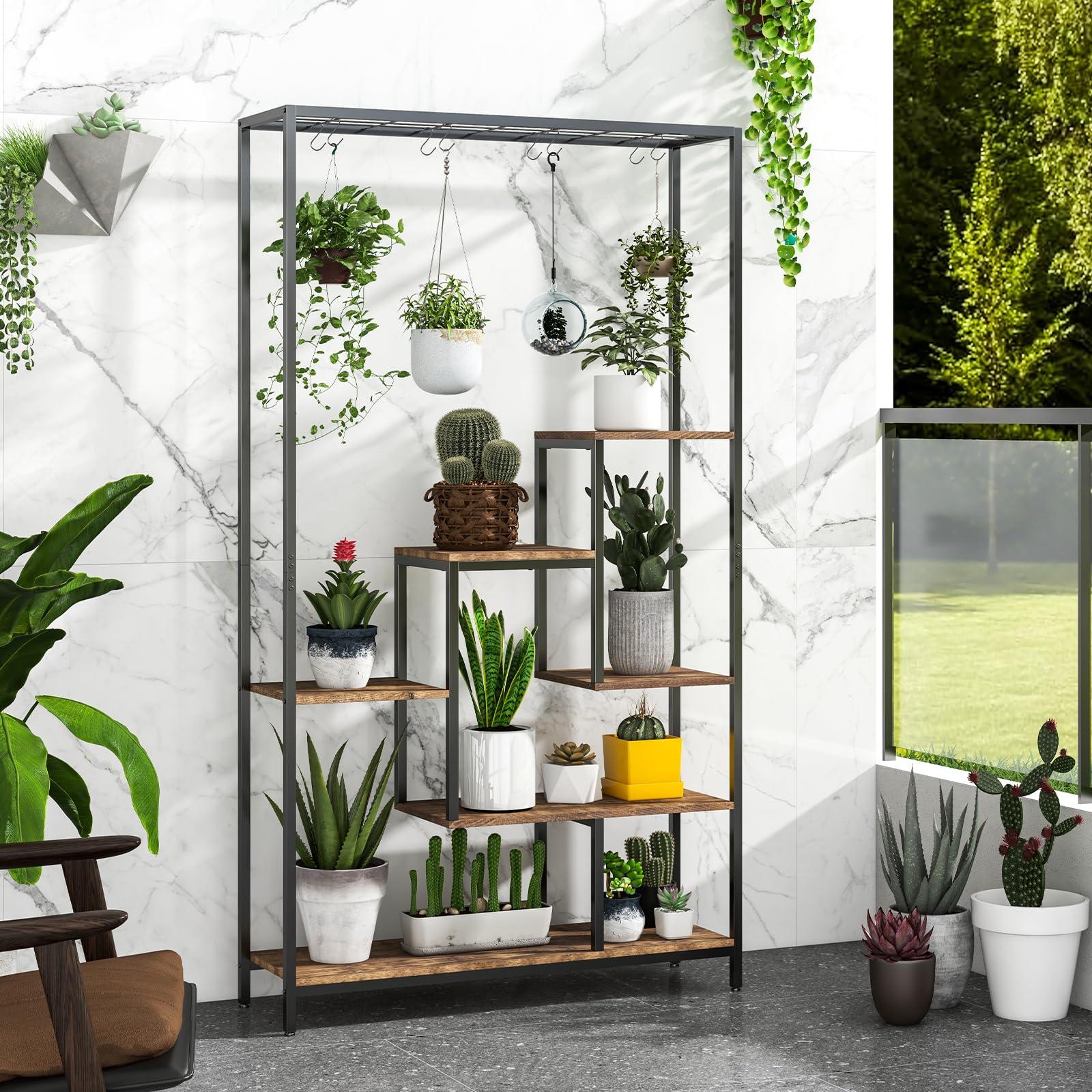 GOPLUS 6 Etagen Pflanzenständer, Pflanzenregal mit Hängeregal & 10 S-Haken, Blumenregal Blumenständer Blumentreppe für Wohnzimmer & Balkon, 100 x 30 x 180 cm (Rustikales Braun)
