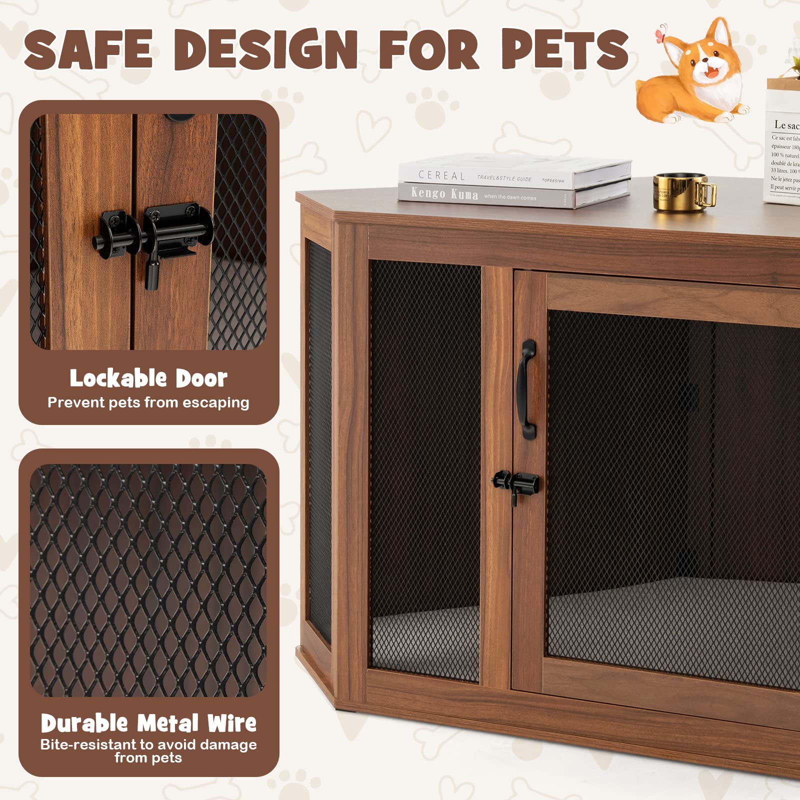 GOPLUS Cage d'angle pour Chien, Coussin et Porte Verrouillable, Meuble en Cage pour Chien 2-en-1 pour Chiot et Moyen Chien,114x60x67cm