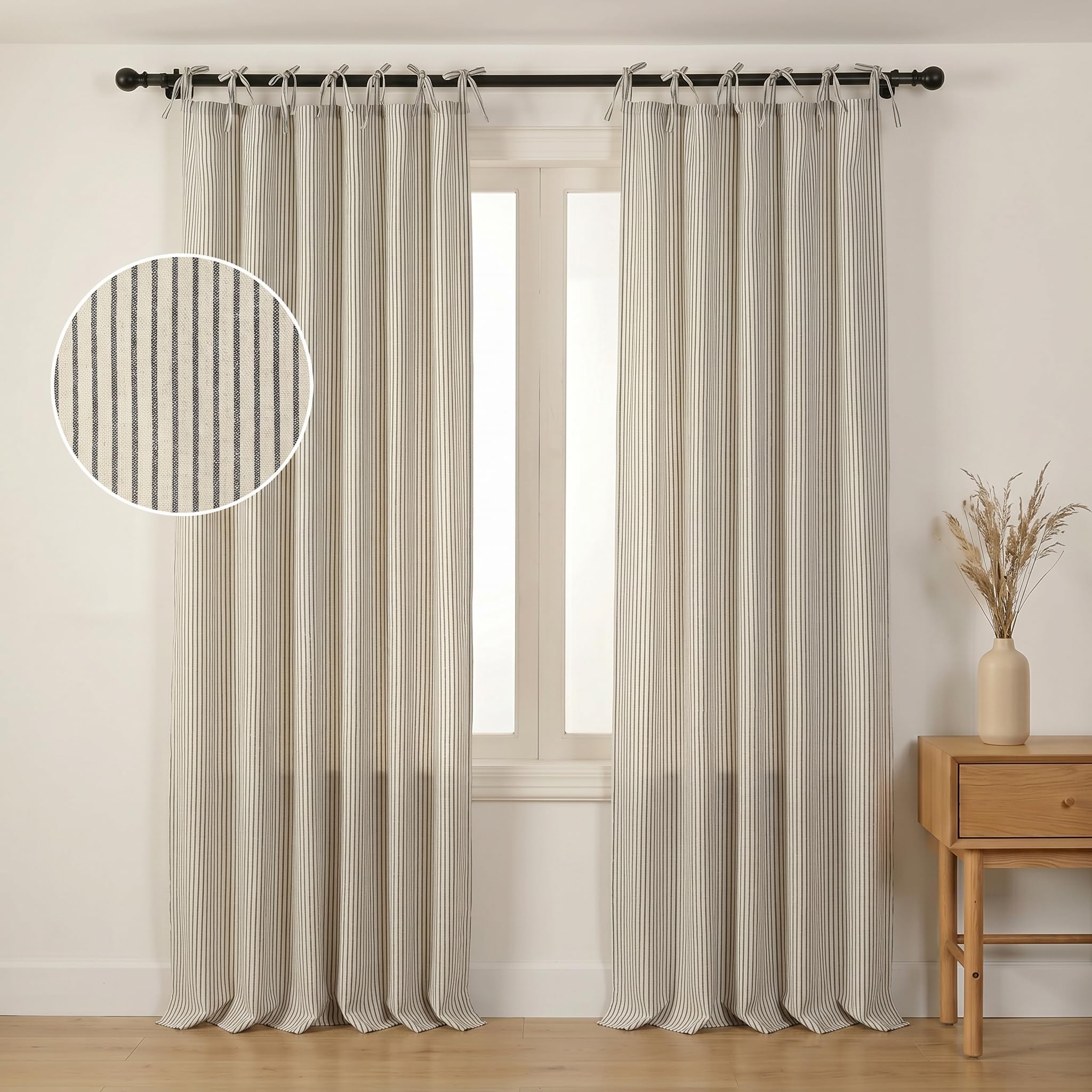 THE ART BOX Gaze Vorhänge – Gestreifte Boho-Leinenoptik, Krawatten-Top, Lichtfilternd, Tür- und Fensterbehandlung, 2 Vorhang-Panels Schwarz auf Beige (228,6 x 106,7 cm pro