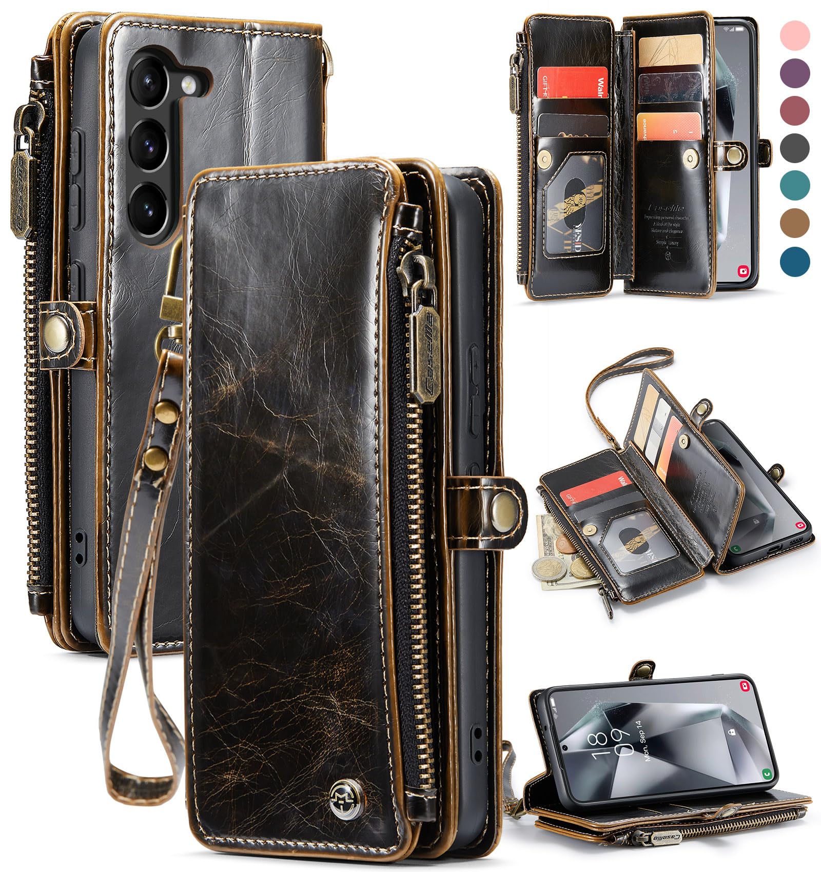 Defencase Compatible with Samsung Galaxy S23 Case Wallet with RFID Blocking Card Holder for Women Men, Soft PU Leather Magnetic Snap Flip Zipper Strap