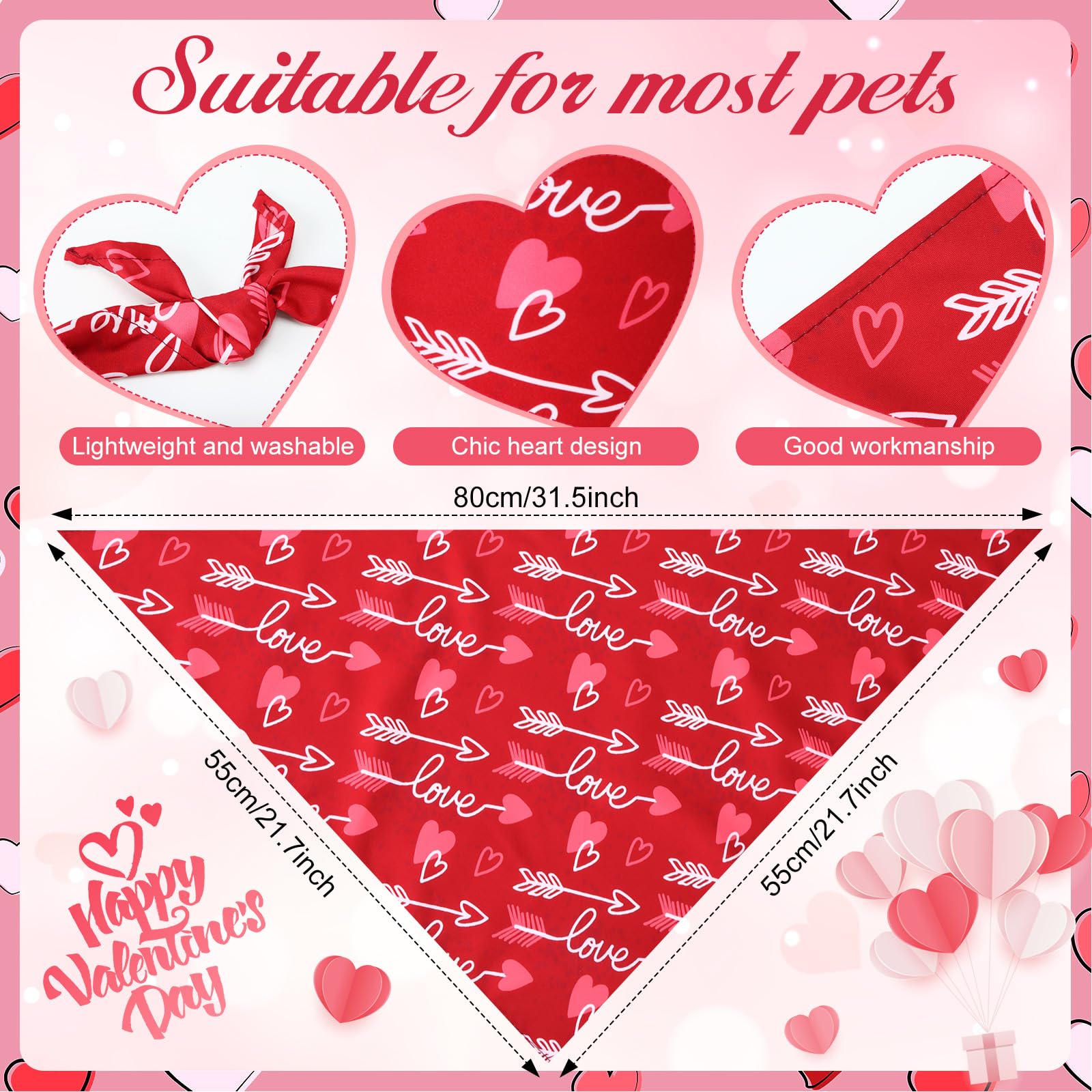 Kigeli Lot de 50 Bandanas triangulaires pour Chien avec Motifs de cœurs pour la Saint-Valentin (80 x 55 x 55 cm)