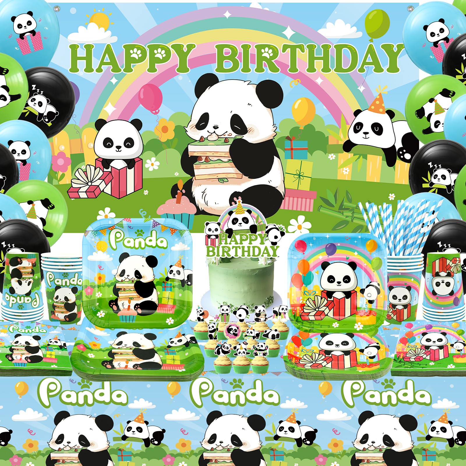 Decorazioni per feste a forma di panda, accessori per feste a forma di panda, tra cui striscione, piatto, topper per torte, bicchieri, tovaglioli, palloncini, tovaglia, per 20 persone (BJ)
