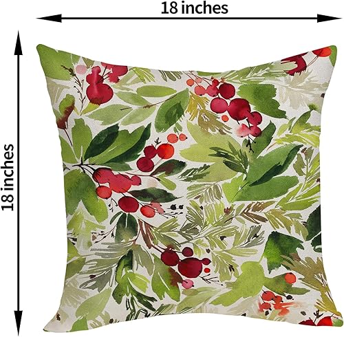 Miniatura 2 de Juego de 2 fundas de almohada de Navidad de 18 x 18 pulgadas, fundas de almohada de lino verde con acuarela de Navidad de acebo para decoración de