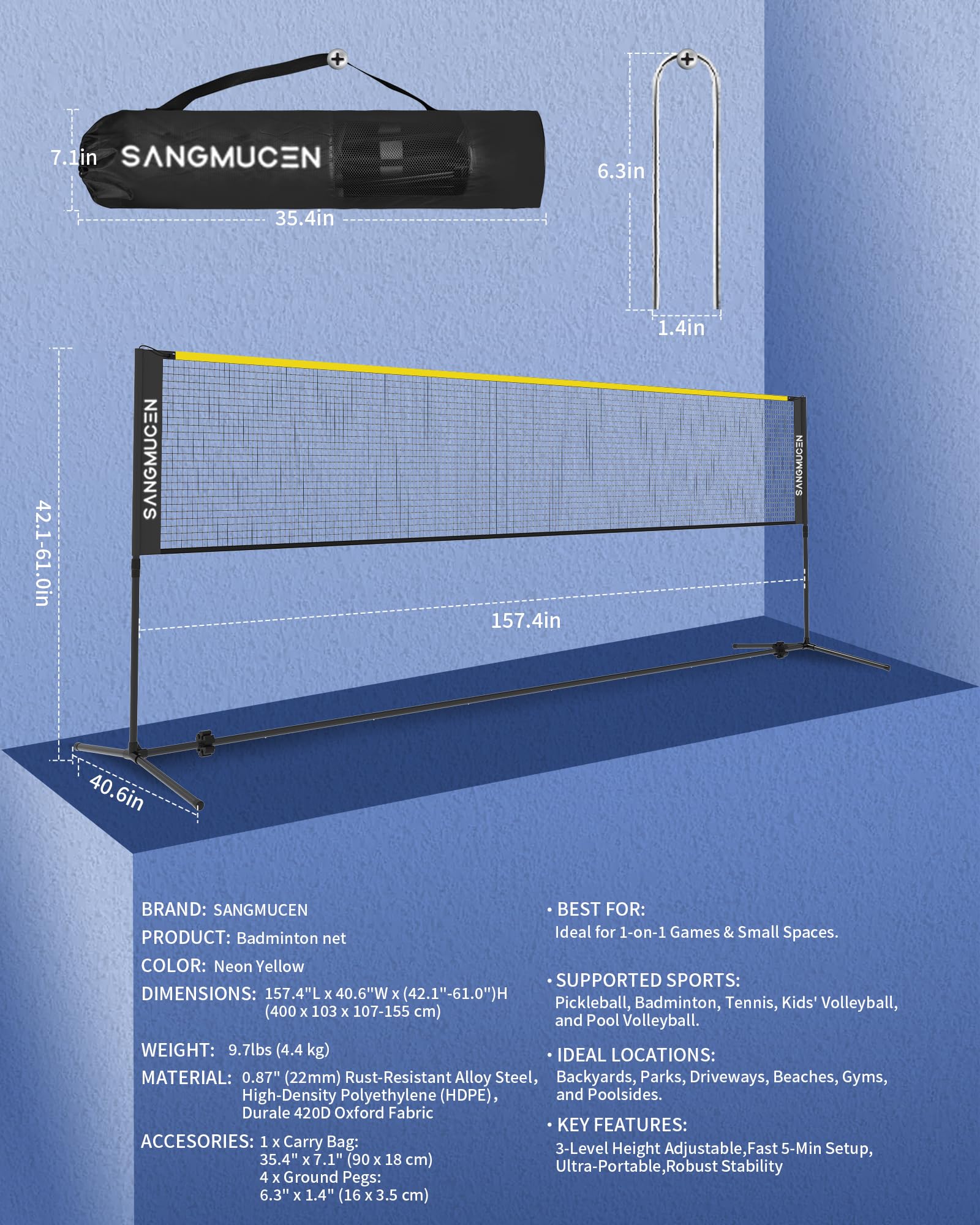SANGMUCEN 4m Badminton Netz, Volleyballnetz Garten, höhenverstellbare Stangen, tragbares Set, leicht auf- und abbaubar Ideales Sportnetz für Tennis, Badminton oder Volleyball Schwarz und Gelb TBN004Y