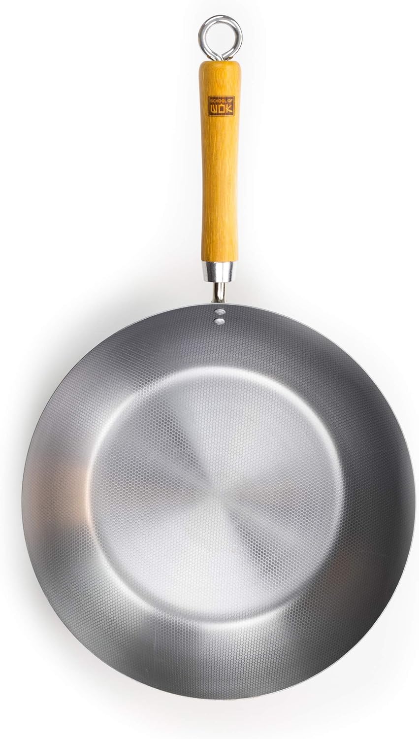 School of Wok 12" Skinny Wok | Flat Bottom | Carbon Steel | Bamboo Handle with Loop Hook | Dimple Surface to Spread Oil Thinly |12in/30cm