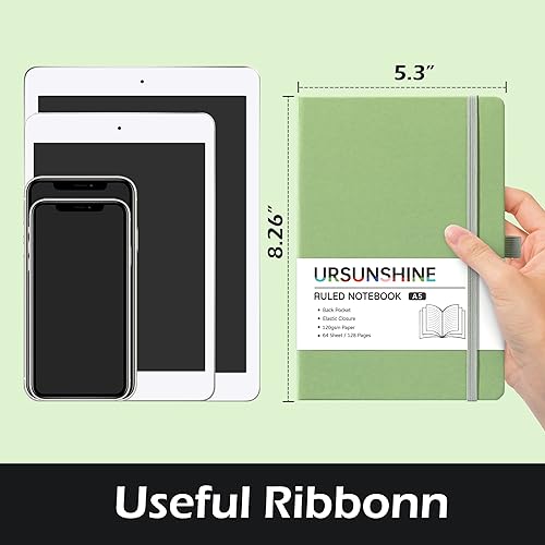 Miniatura 2 de Cuaderno a rayas, diario clásico, 5.3 x 8.26 pulgadas, tapa dura, papel grueso, doble espiral, bandas, soporte para bolígrafo, bolsillo interior,