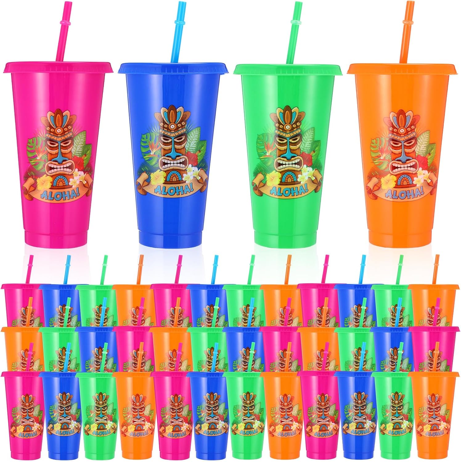FillTouch 36 Pcs Plastic Tiki Cups 24 oz Hawaiian Tumbler