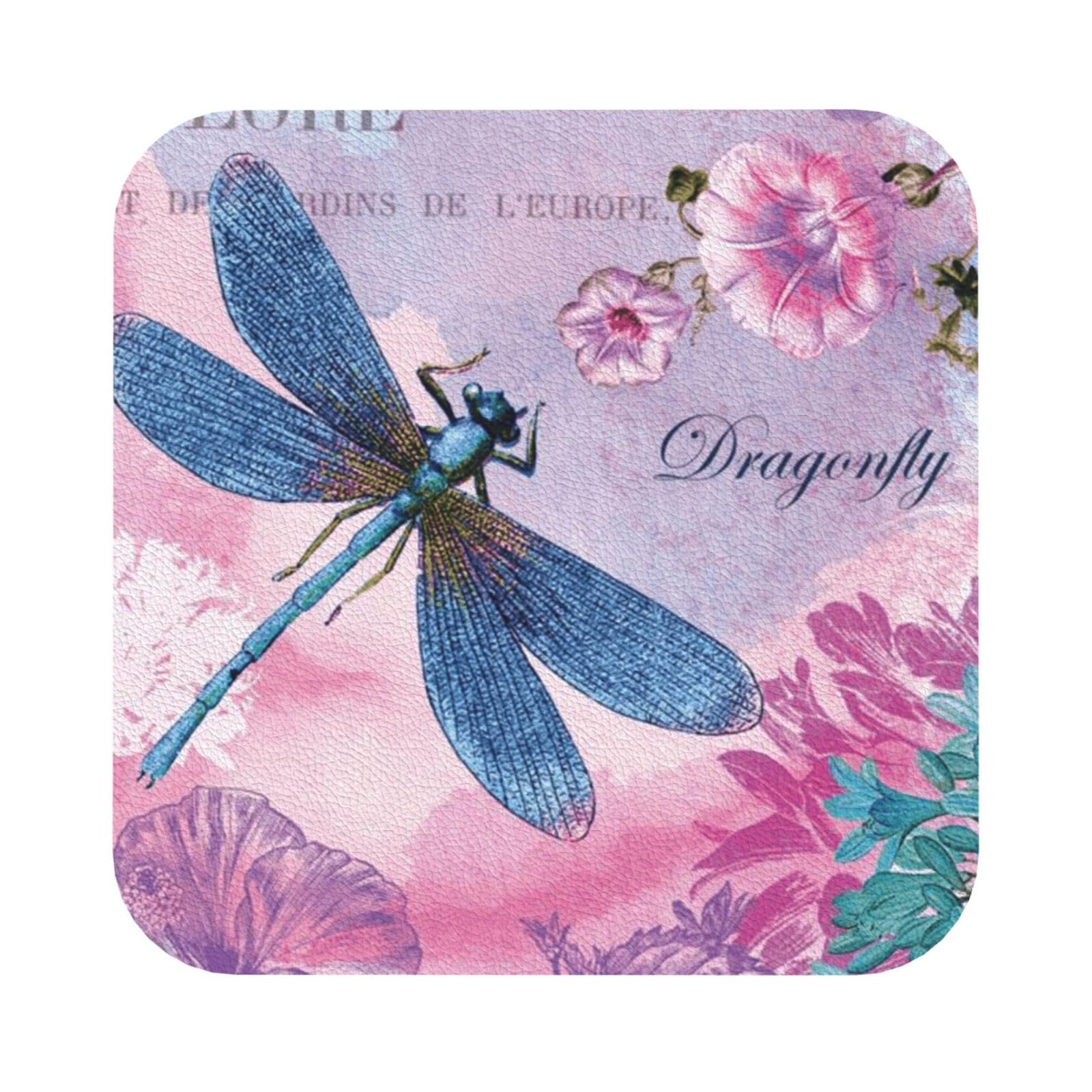 Pink flower and dragonfly PU Leather Coasters Set of 6 Square Drink Coasters