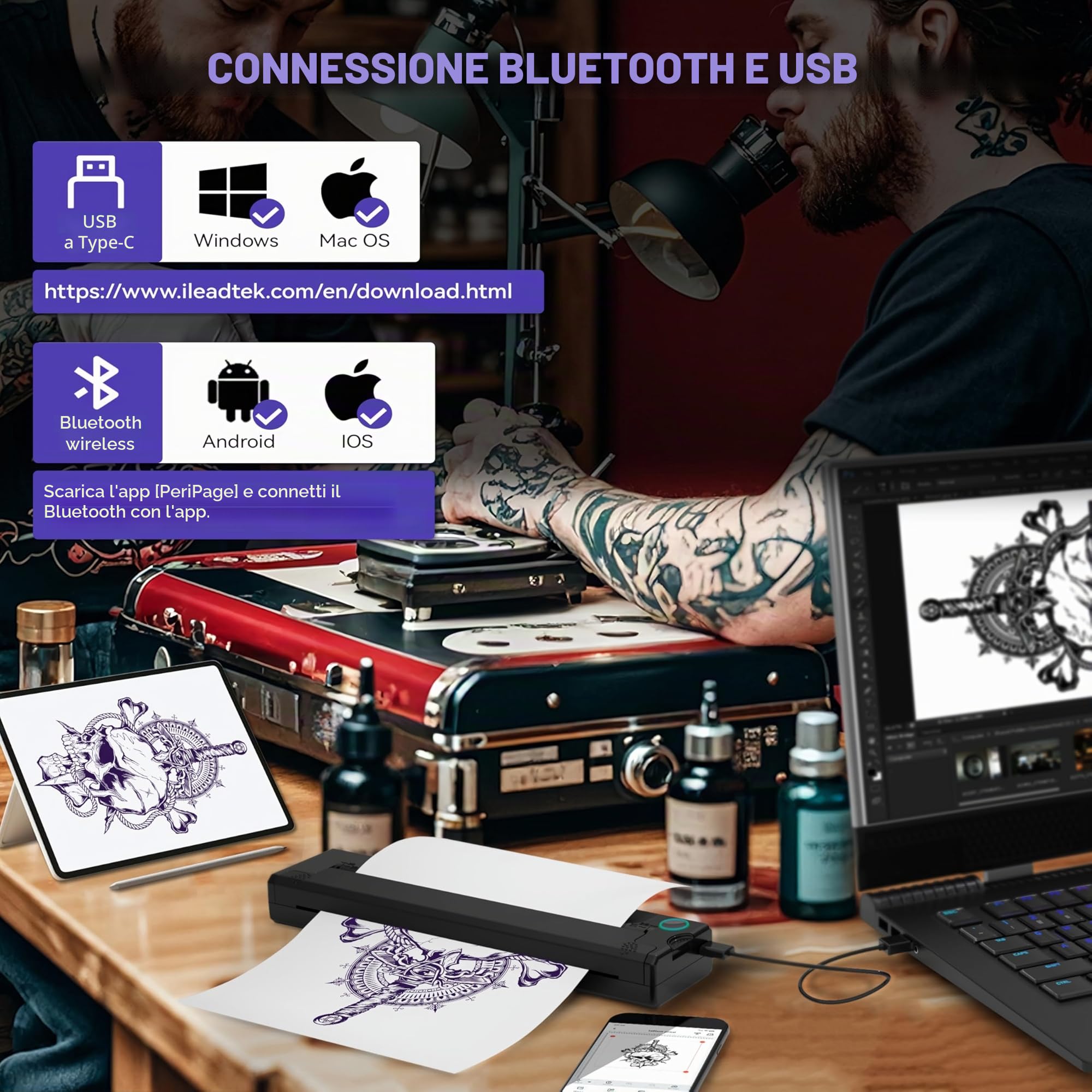 PeriPage P90 Stampante per tatuaggi termica wireless con carta per stencil, kit portatile compatibile con telefono, tablet e PC（Dark Black）