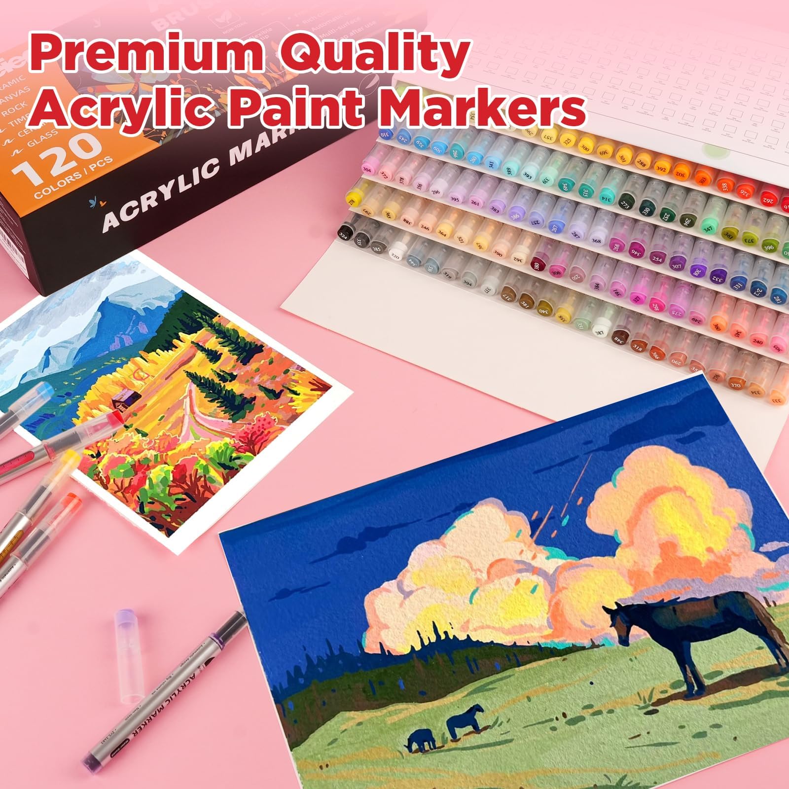 ABEIER 120 Colori Pennarelli Acrilici, Pennarelli Acrilici Marker Brush Pen, Acrylic Marker Ad Acqua, per Legno, Vetro, Tessuti, Ceramica, Sassi