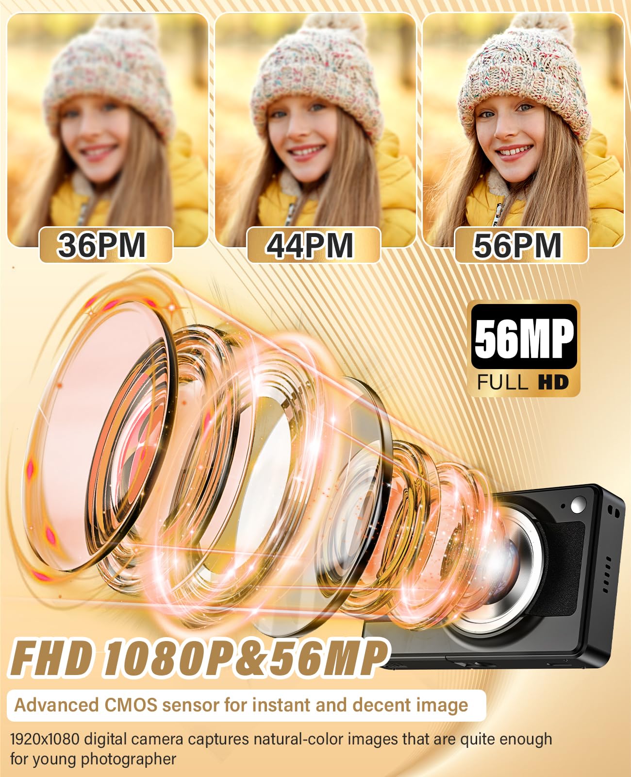 2025 New Digital Camera, 56MP FHD 1080P for Kids with 16x Digital Zoom Anti Shake, Face Detect, Smile Capture, 32GB TF Card, Battery, Lanyard, a Great Gift for Boys & Girls（Black）