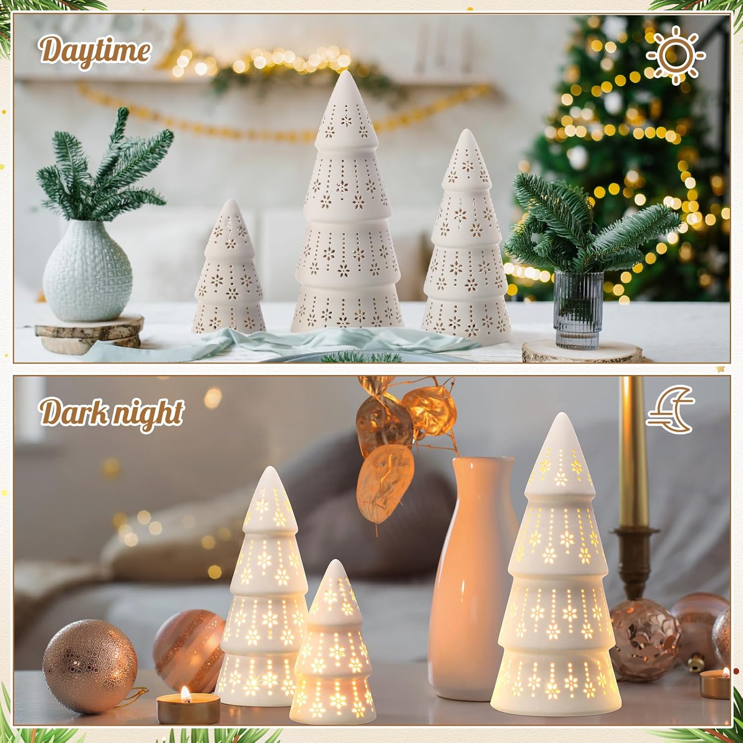 3 Pcs White Ceramic Christmas Trees with Lights, Table Top Christmas Decoration with Dots Cutouts Battery Operated Xmas Trees Set, White Tabletop Centerpiece for Home Indoor Xmas Gift Party(Classic)