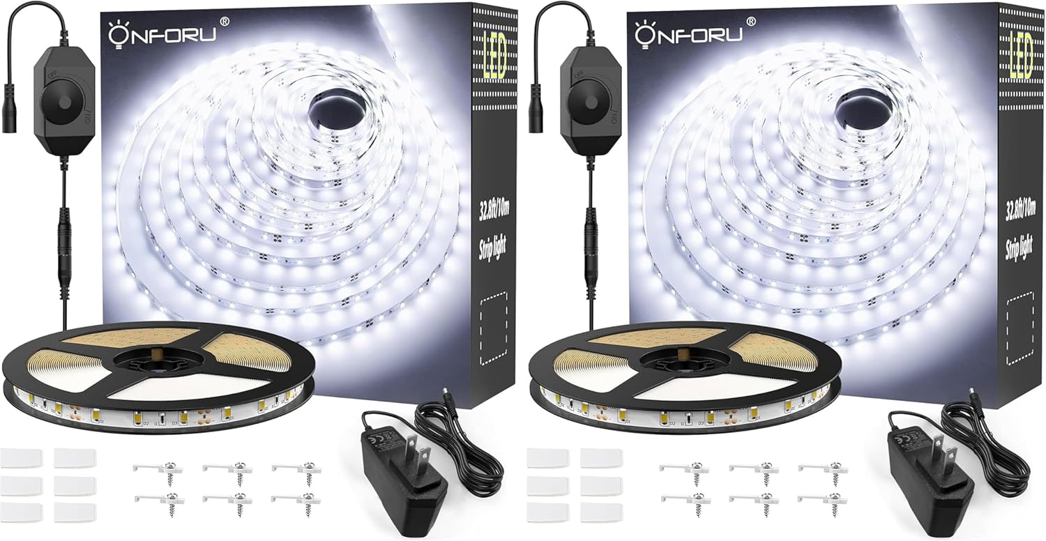 Onforu White LED Strip Lights, 32.8FT 6000K Super Bright Dimmable Tape Light Kit, 600 LEDs Daylight Easter Rope Light, 12V Flexible Strip Lighting for Mirror, Under Cabinet, Home, Bedroom (Pack of 2)