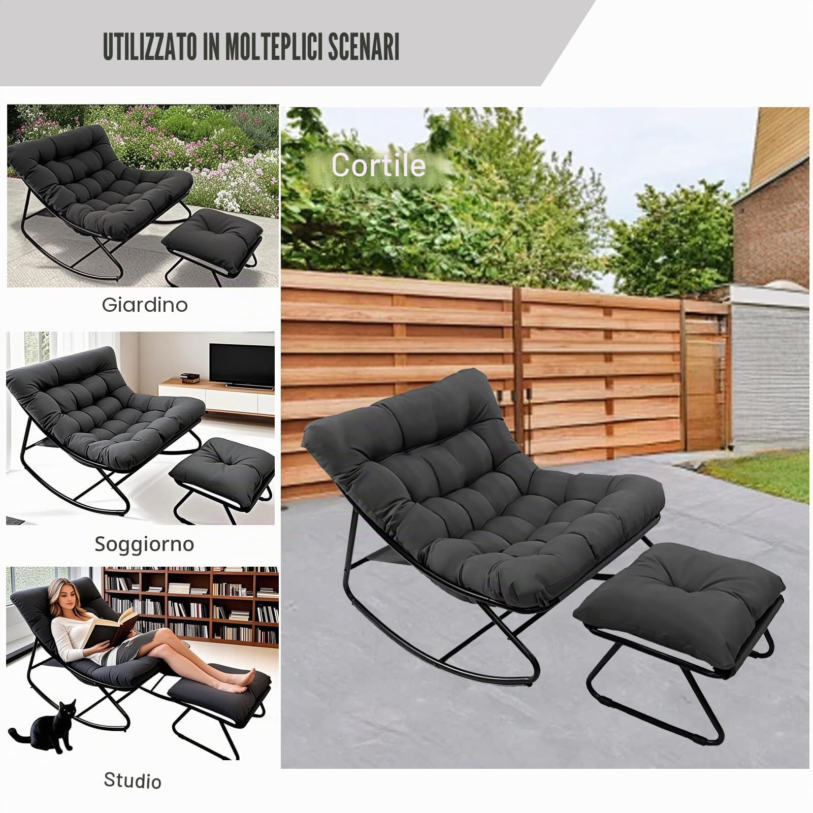 Poltrona a Dondolo da Esterno, Sedia a Dondolo da Esterno con Pouf, Poltrona da Lettura a Salotto con Cuscino Imbottito, Portata 150kg, Rocking Chair per Salotto Terrazza Camera Studio (Grigio)