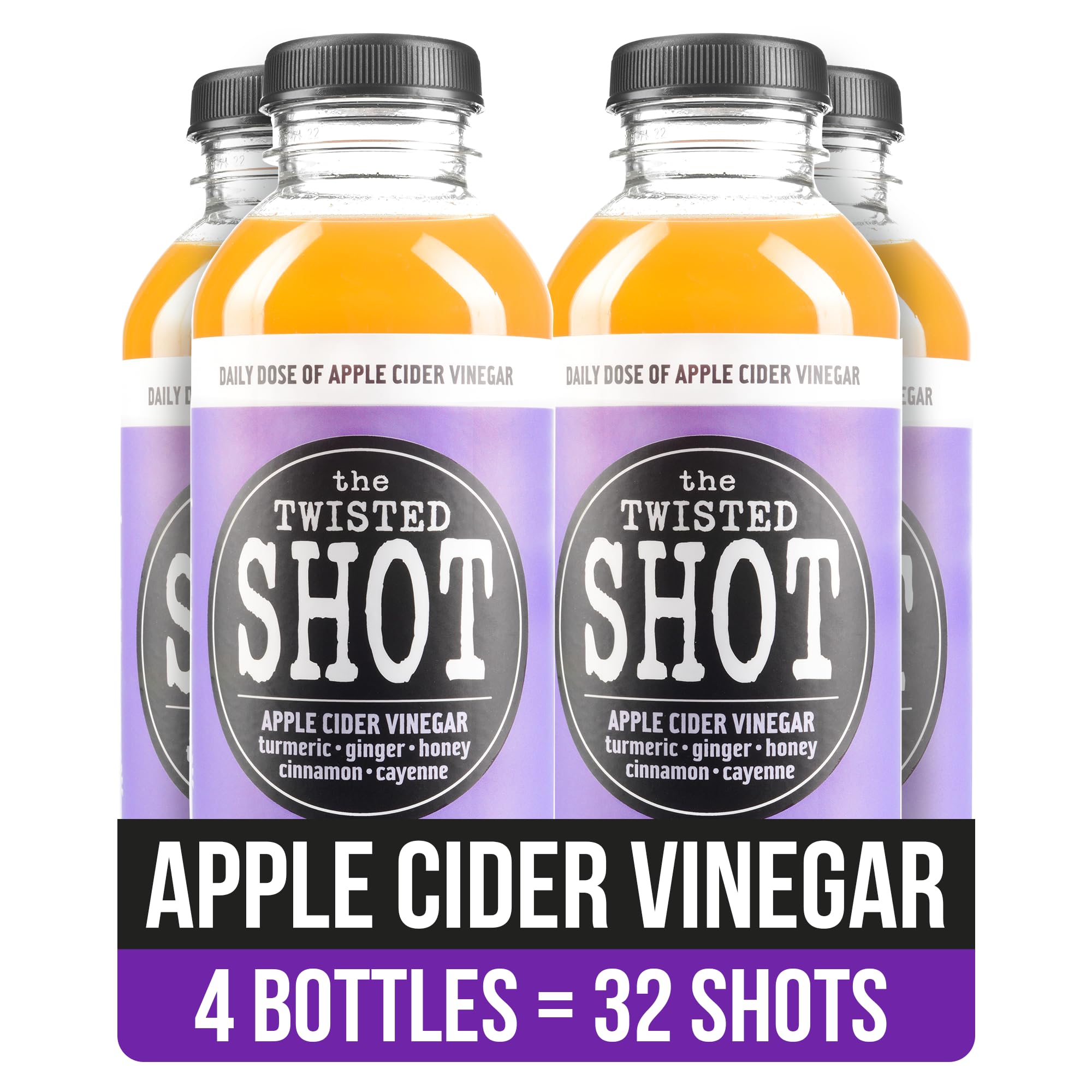 The Twisted Shrub Shot | Organic Apple Cider Vinegar Shots with Turmeric, Ginger, Cinnamon, Honey & Cayenne | Immunity Boost | Wellness Shots | Digestive Aid | Improve Metabolism | 4-Pk of 16oz Bottle