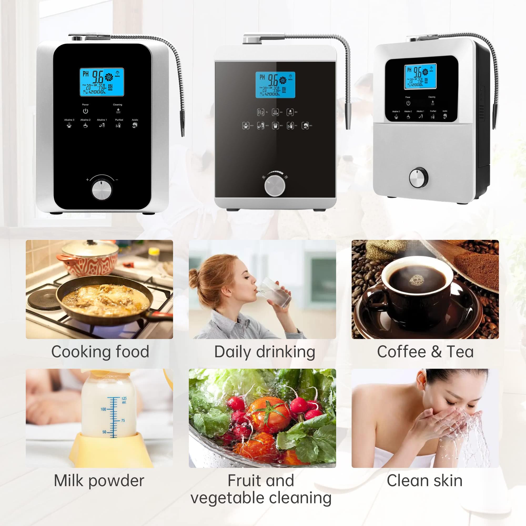 Generador de agua con hidrógeno de 2000 W, máquina ionizadora de agua, pH 3-11, ORP de 500 mV-800 mV, limpieza automática, filtro de agua con pantalla táctil LCD,Black-B