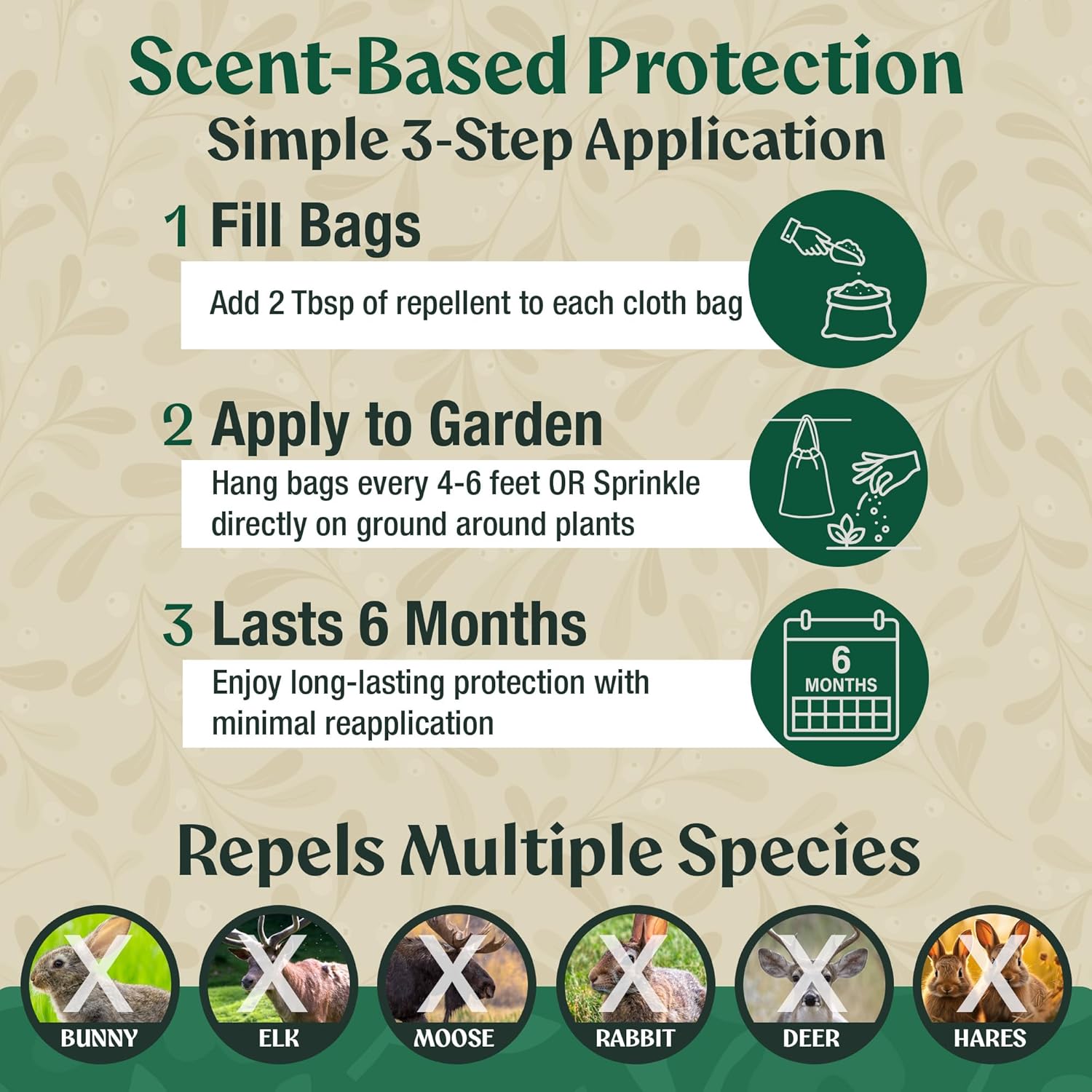 Deer & Rabbit Repellent – All Natural Scent-Based Animal Protection – Safe for Pets & Plants – Long-Lasting Up to 6 Months – Repels Elk, Moose & Rodents – 10 lbs with 50 Refillable Bags