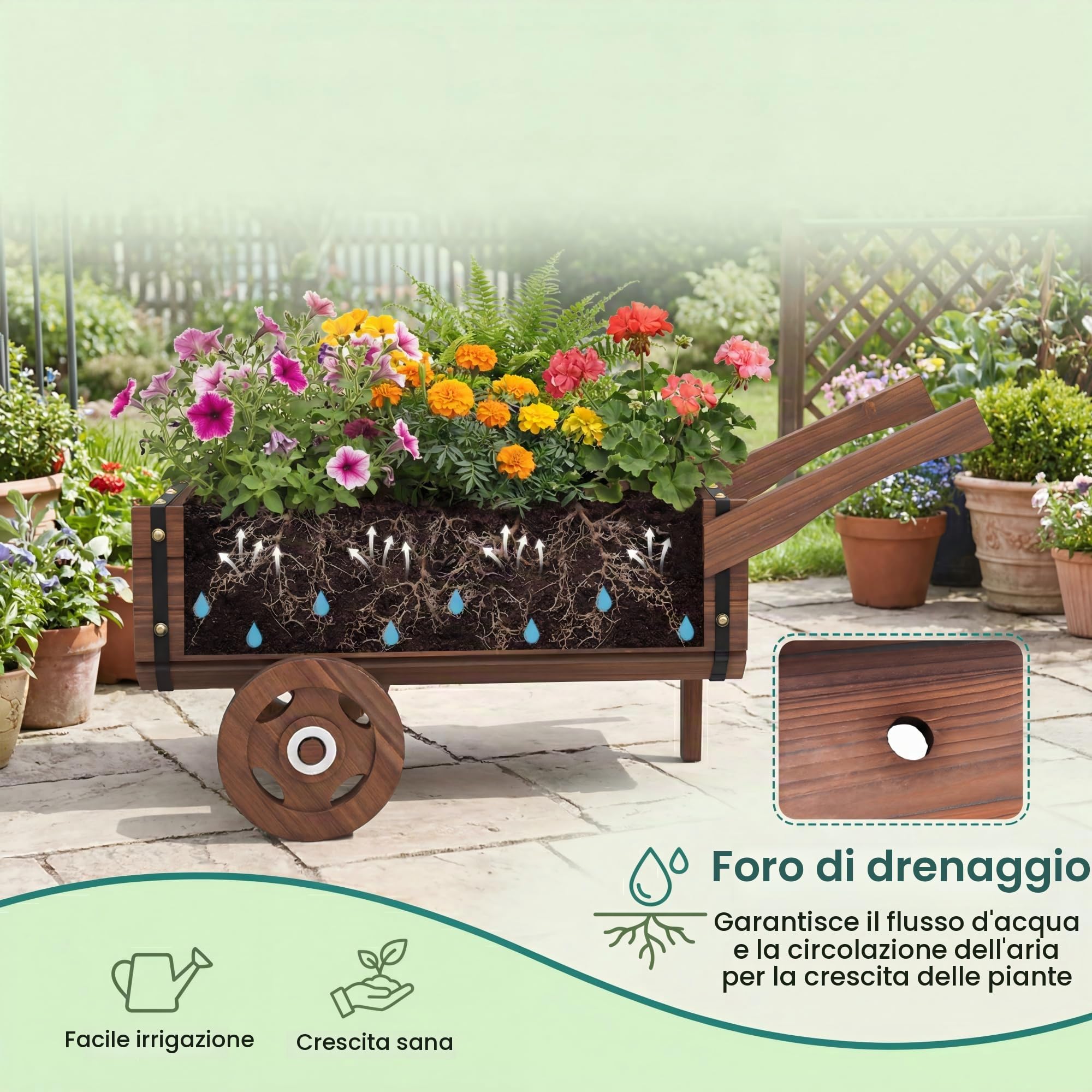 HOMASIS Carriola da Giardino in Legno, Carrello per Piante con Manico e Ruote, Fioriera Rialzata da Esterno con Fori di Drenaggio, Decorazione per Giardino, Balcone, Terrazza (81 x 40 x 38,5 cm)