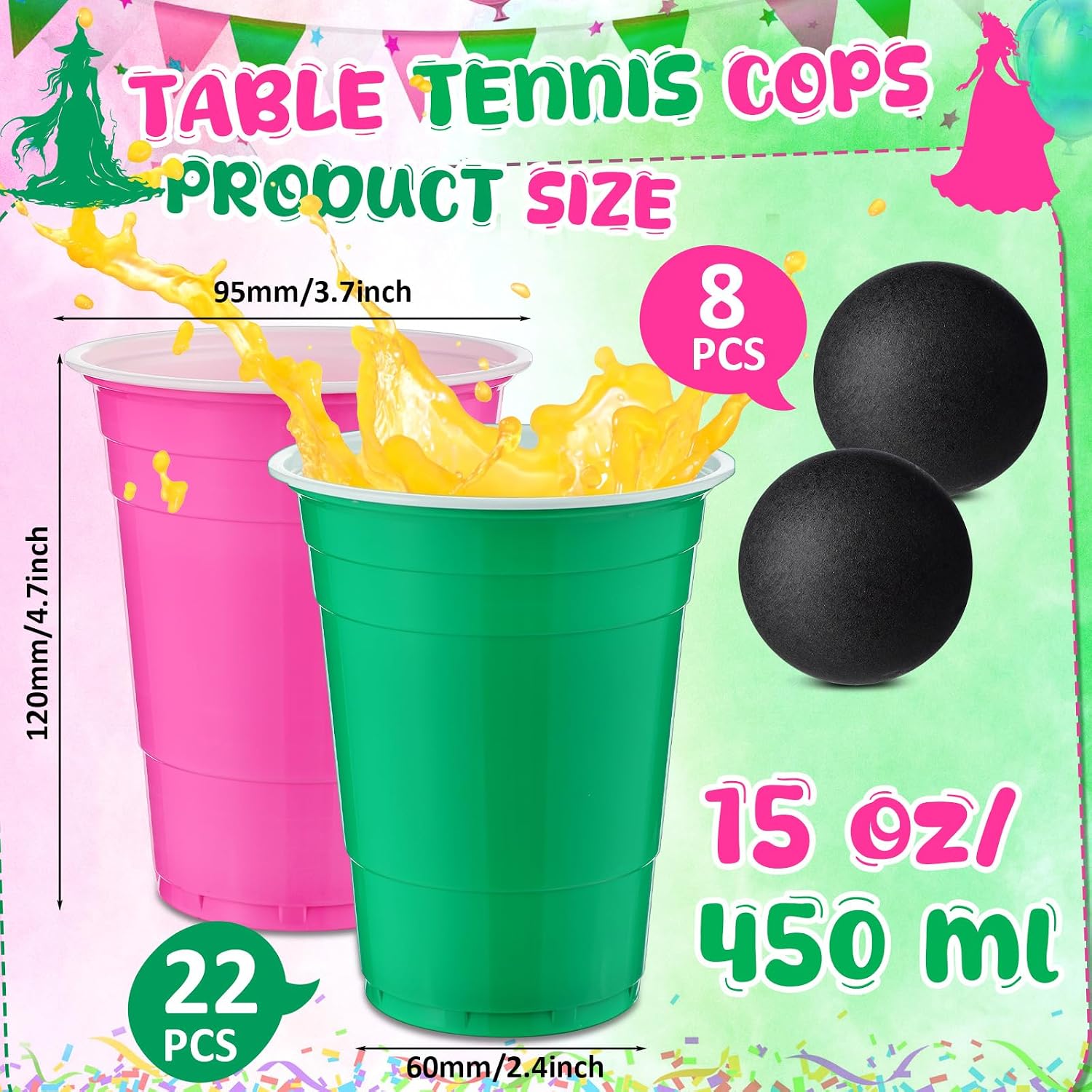 30 Pcs Cup Table Tennis Game Set 22 Plastic Party Cups 15 oz and 8 Black Balls Reusable Pink and Green Cups Ball Game for Drinks Picnics Birthday Halloween Christmas New Year Party Games Favors