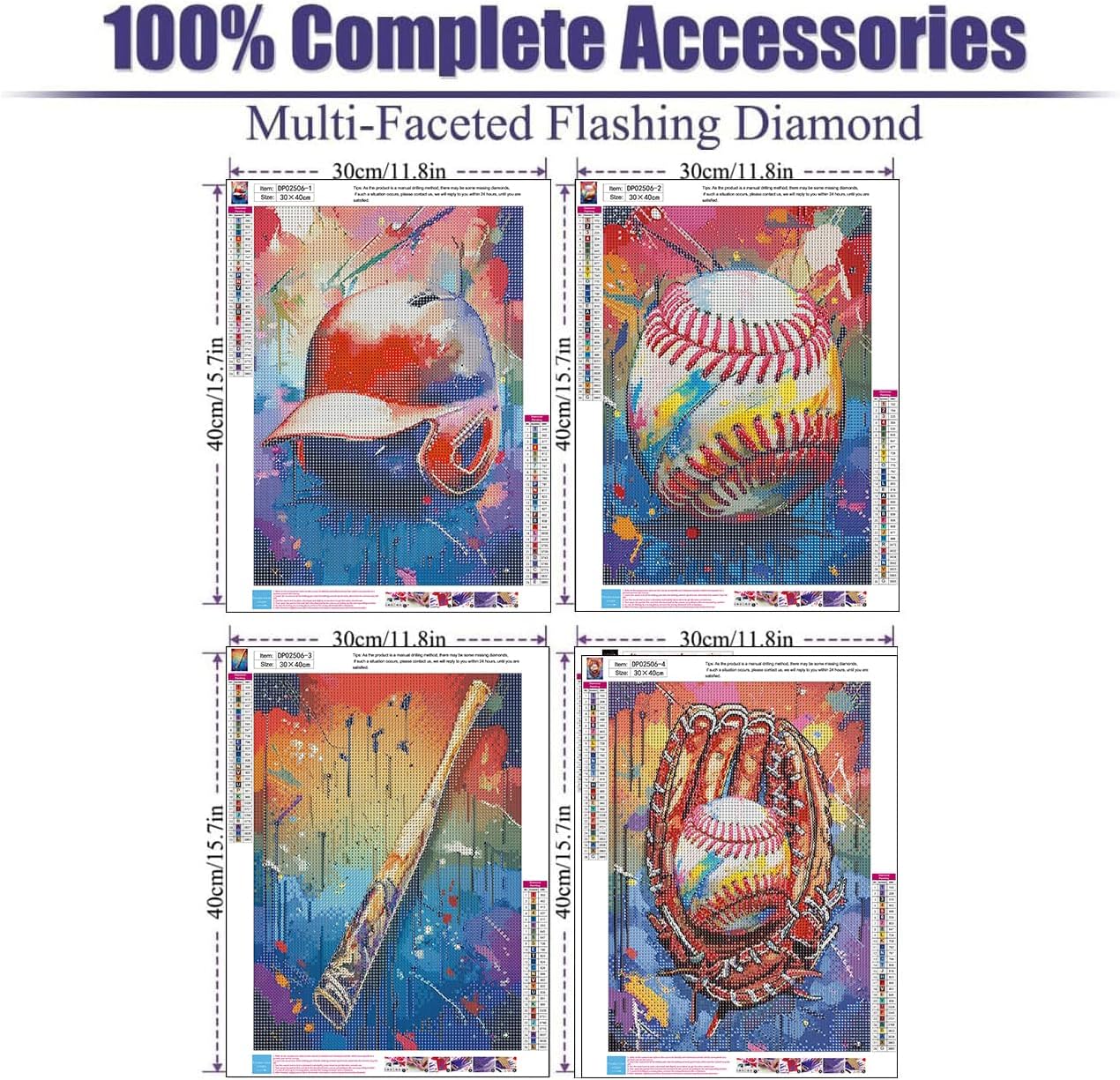 Diamond Art Kits for Adults Beginner,4 pack Baseball Retro Graffiti DIY Modern Diamond Painting Kits 5D Diamond Dots Gem Art Crafts with Tools,Round Full Drill Crafts for Home Wall Decor&Gift-12x16in
