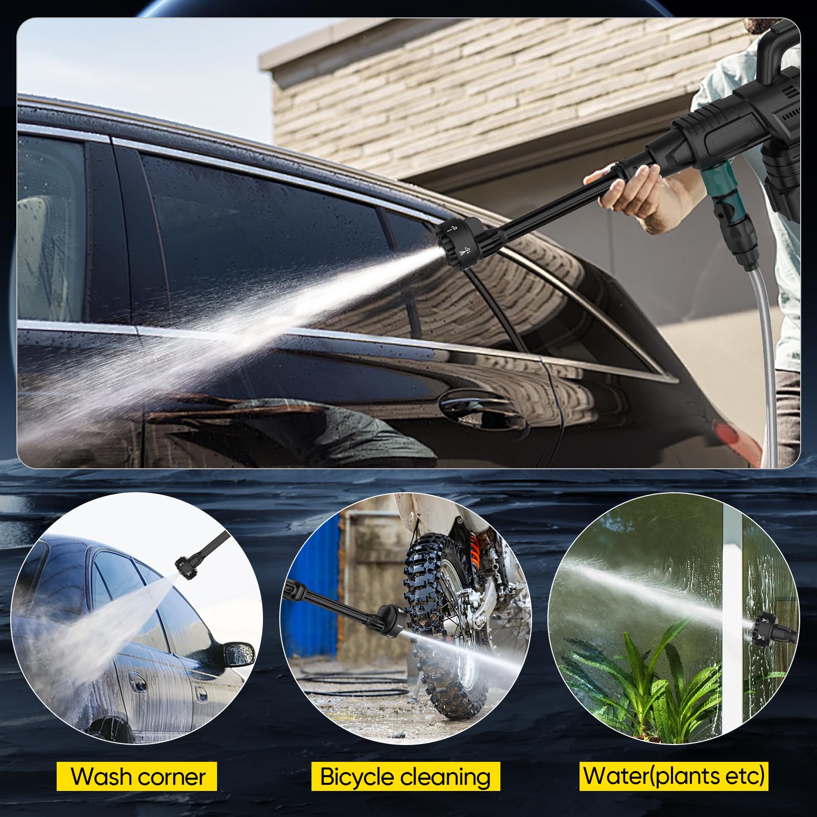 Nettoyeur Haute Pression sur Batterie,6-en-1 Buse,Max 200Bar Nettoyeur Haute Pression sans Fil,Moteur Brushless,3 Niveaux Réglables,pour Lavage de Voiture et Nettoyage du Jardin (2 Batterie)