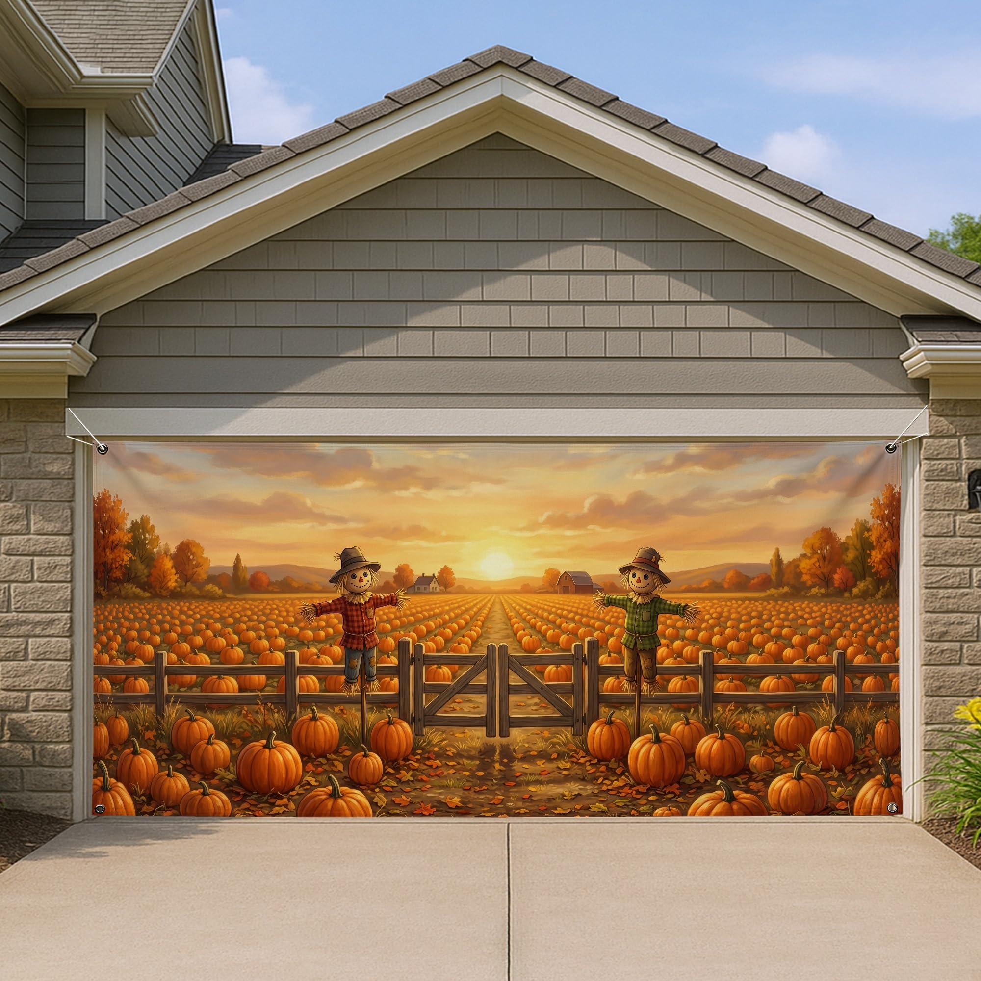 Bâche de garage citrouilles 397x180 cm pour masquer une vieille porte en automne