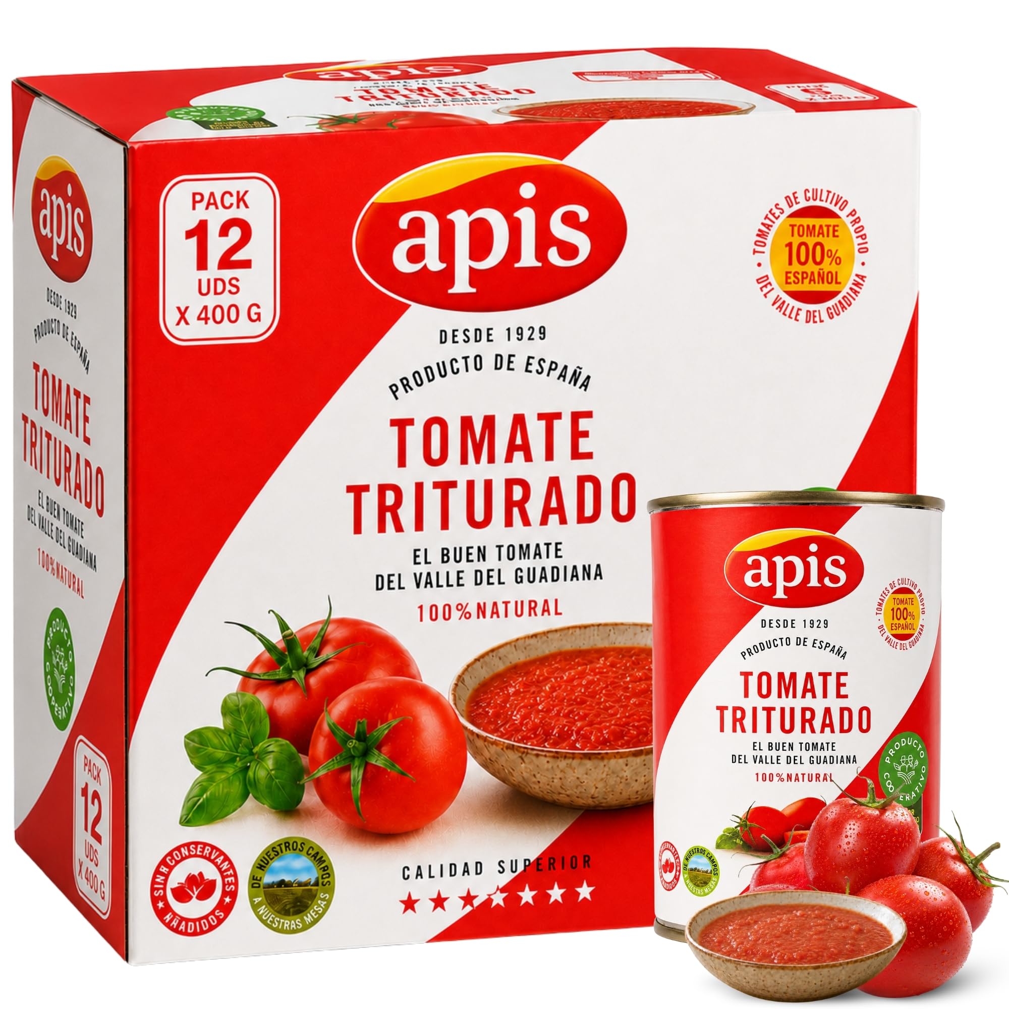 Tomate Triturado Apis, Tomate Natural en lata, Tomate 99.4%, sal y corrector de acidez, Sin Gluten, Producto Español, exquisito sabor, aroma y consistencia, Contiene 12 Latas de 400 gr