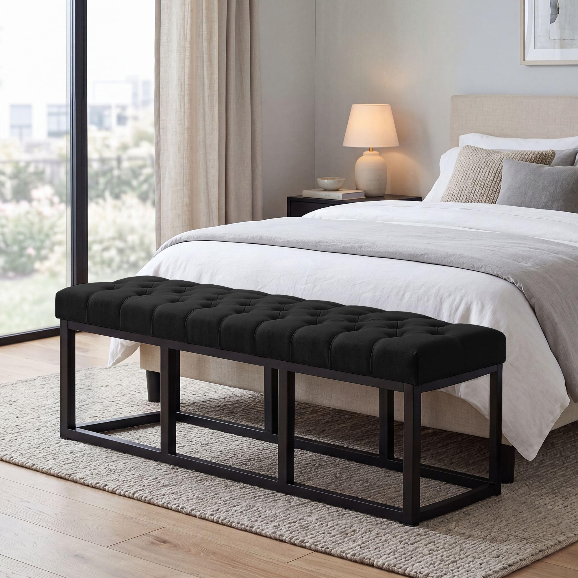 CLP Banc d Entree Amun en Tissu, Banc Rembourre en Metal Noir thermolaque, Robuste, pour Chambre, Vestibule et Dressing Couleur Noir Taille 150 cm