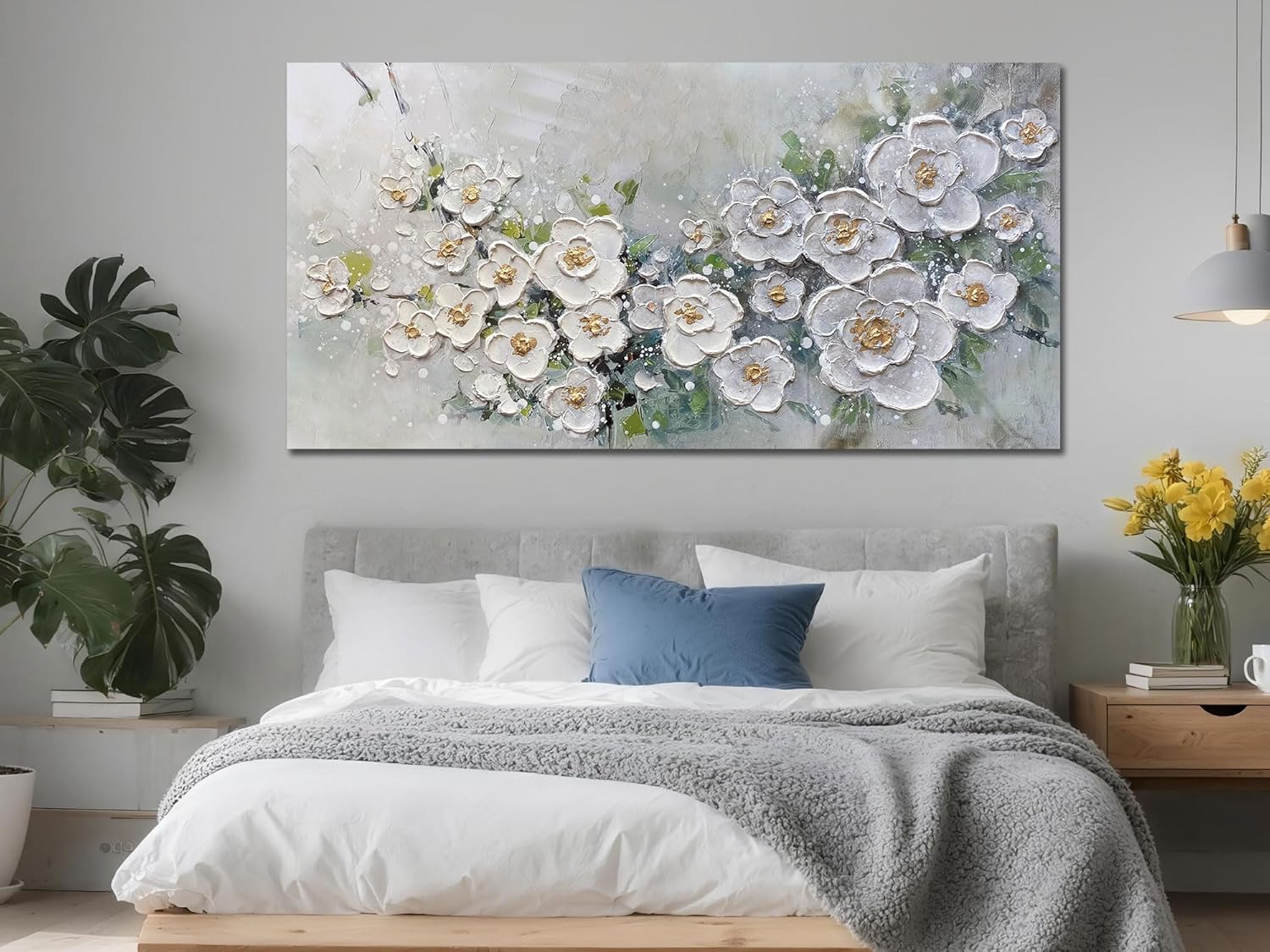 Brushart Large White Flower Wall Art Textured Floral Canvas Wall Art Decor Pictures Paintings Artwork for Living Room Dining Room Bedroom Home Office, 48"x24"