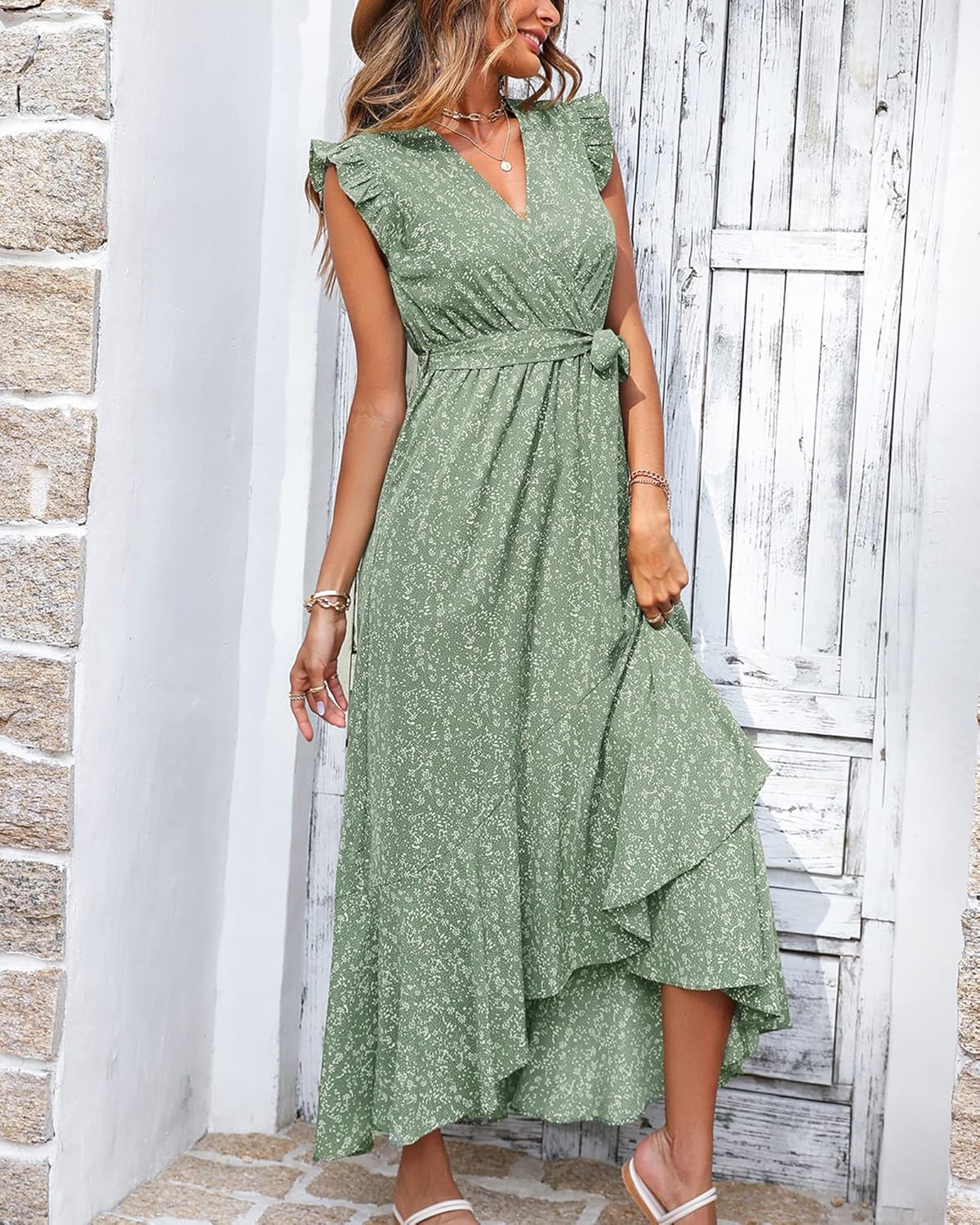 BTFBM Women Summer Floral Boho Maxi Dresses 2026 Vacation Ruffle Sleeve V Neck Belt Wrap Wedding Guest Spring Beach Dress - Image 3