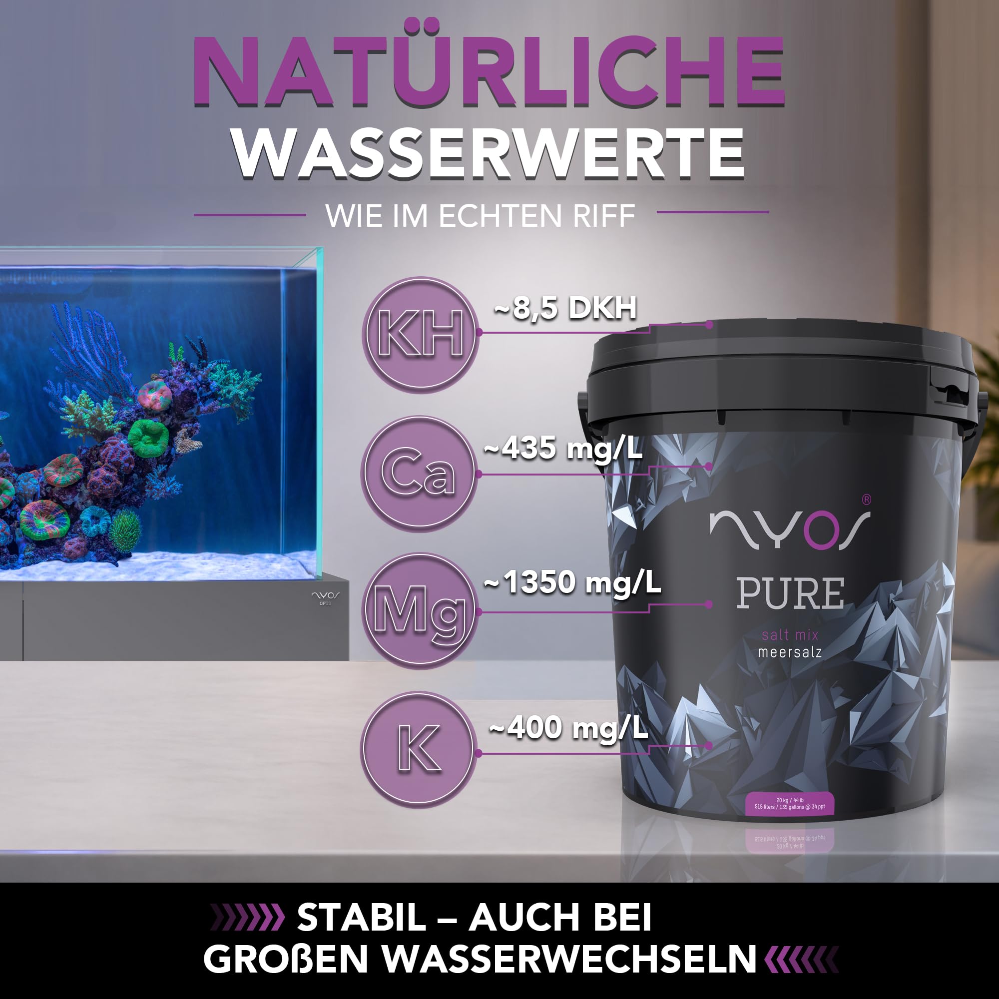 NYOS Pure Meersalz für Meerwasseraquarien - Fördert Korallenfarbe & Wachstum, Schnell löslich, ICP-geprüft, Natürliche Reinheit, 20kg Eimer