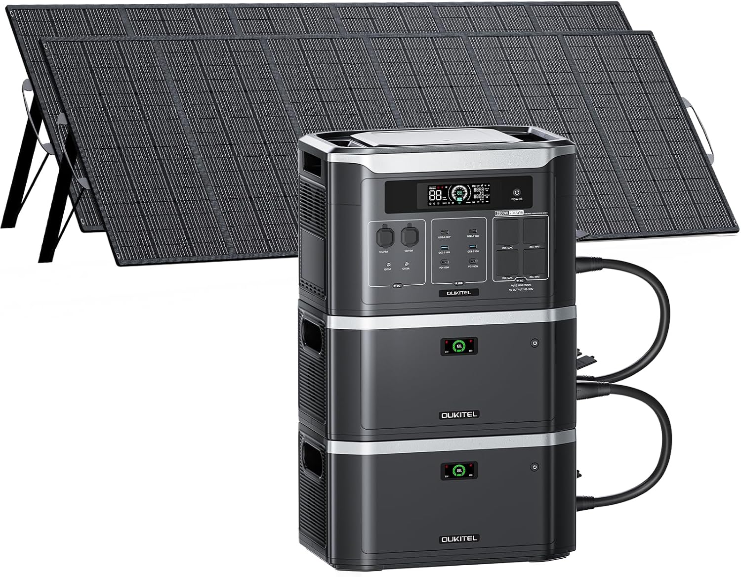 OUKITEL 6144Wh Generador Solar con 2 Panel 500W, 3200W Estación de Energía Portátil, Ampliable Hasta 16 kWh, Batería LiFePO4, APP, 14 Puertos, Power Station para Camping y Emergencia