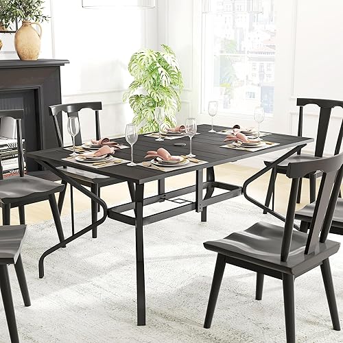 Miniatura 7 de Outsunny Mesa de comedor rectangular para 6 personas, mesa rectangular de acero con agujero para paraguas, marco de acero para jardín, balcón, color