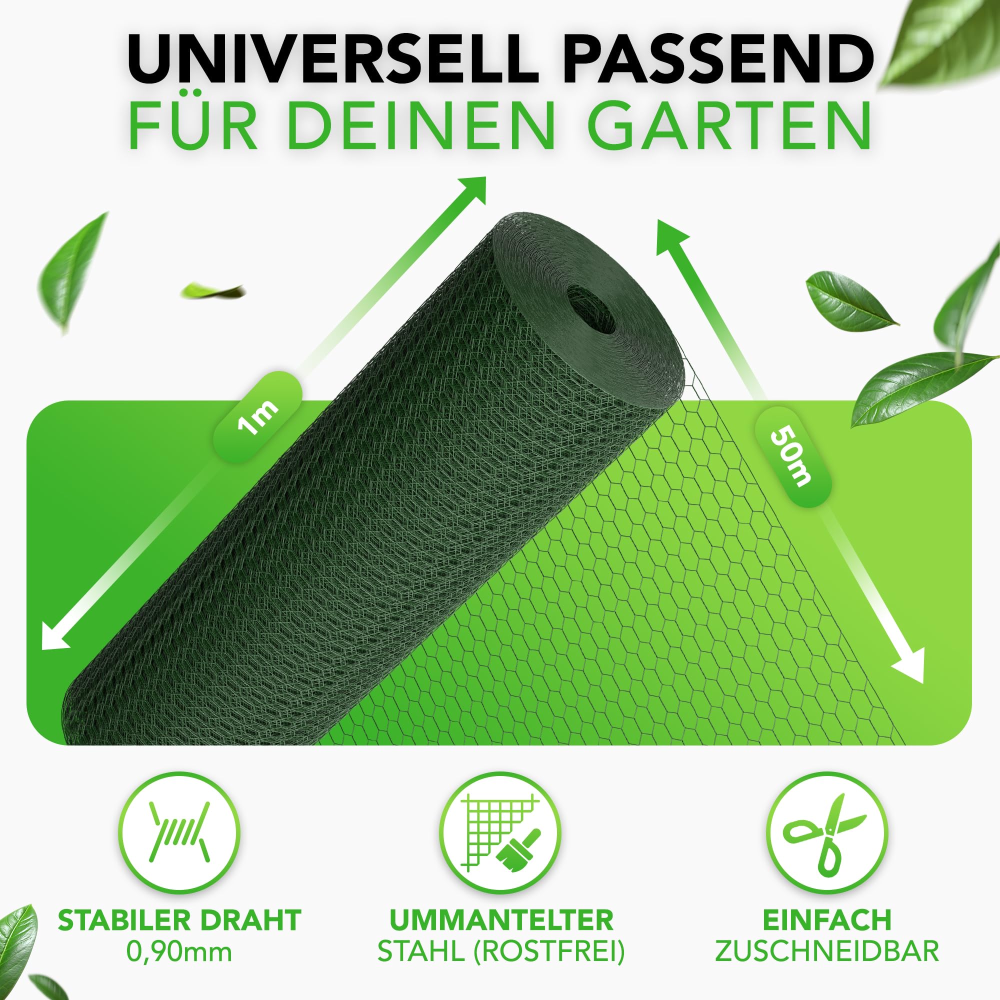 Maschendrahtzaun feinmaschig - 50 x 1 Meter - Hasendraht, Kaninchendraht, Hasengitter, Drahtgeflecht, Zaundraht, Hasendraht 100cm Hoch, Baumschutzgitter, Kükendraht