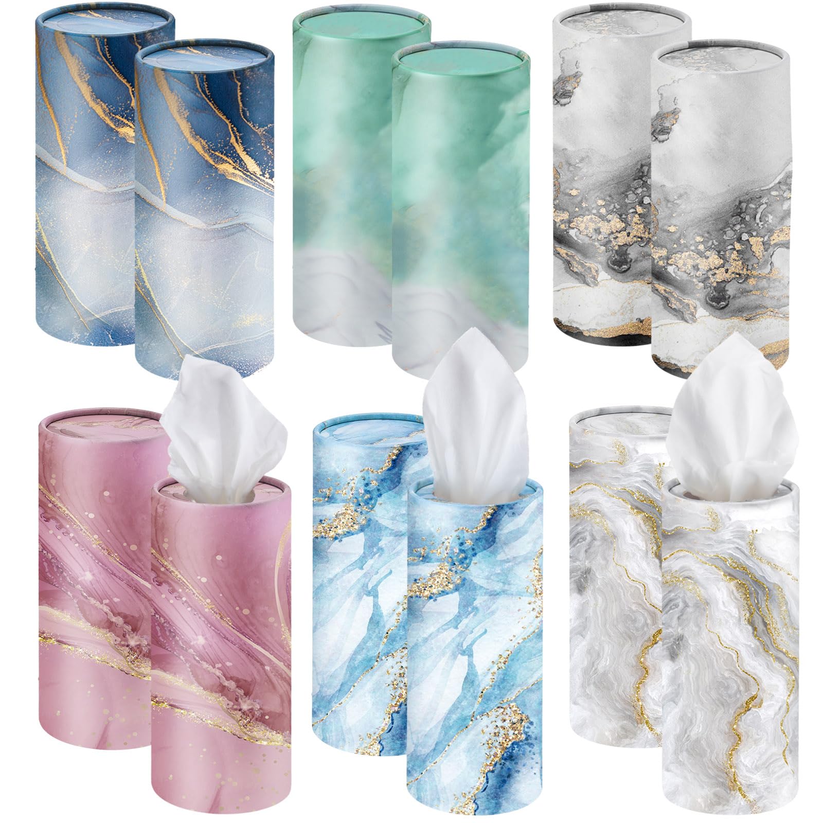 Outus 12 Pcs Marble Car Tissues Cylinder Holder with 3 Ply Facial Tissue Bulk Round Tissue Holder Travel Tissues Boxes Container for Car Cup Wedding Birthday Party