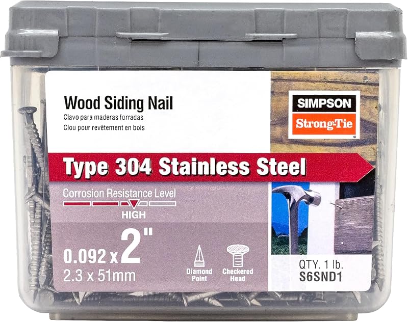 S6SND1 Clavo para revestimiento de madera con vástago anillado, 2 pulgadas x 0,092 pulgadas, calibre 13, cabeza redonda completa, punta de diamante, acero inoxidable tipo 304 (paquete de 120)