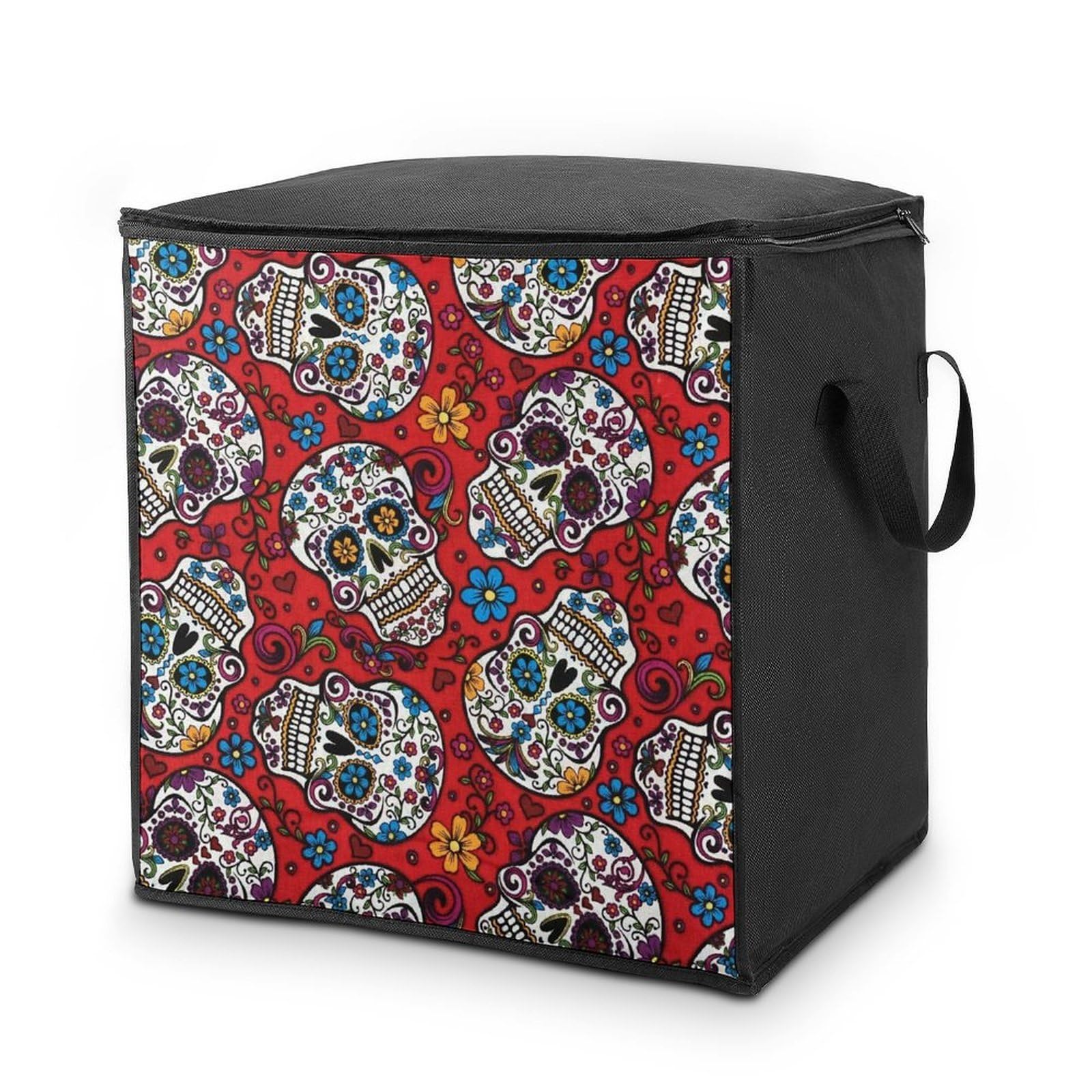 Lyfthologen 70L Storage Bags, Mexican Sugar Skulls Storage Box with Lid Zipper And Handles, Clothes Bags for Quilt, Blankets, Bedding