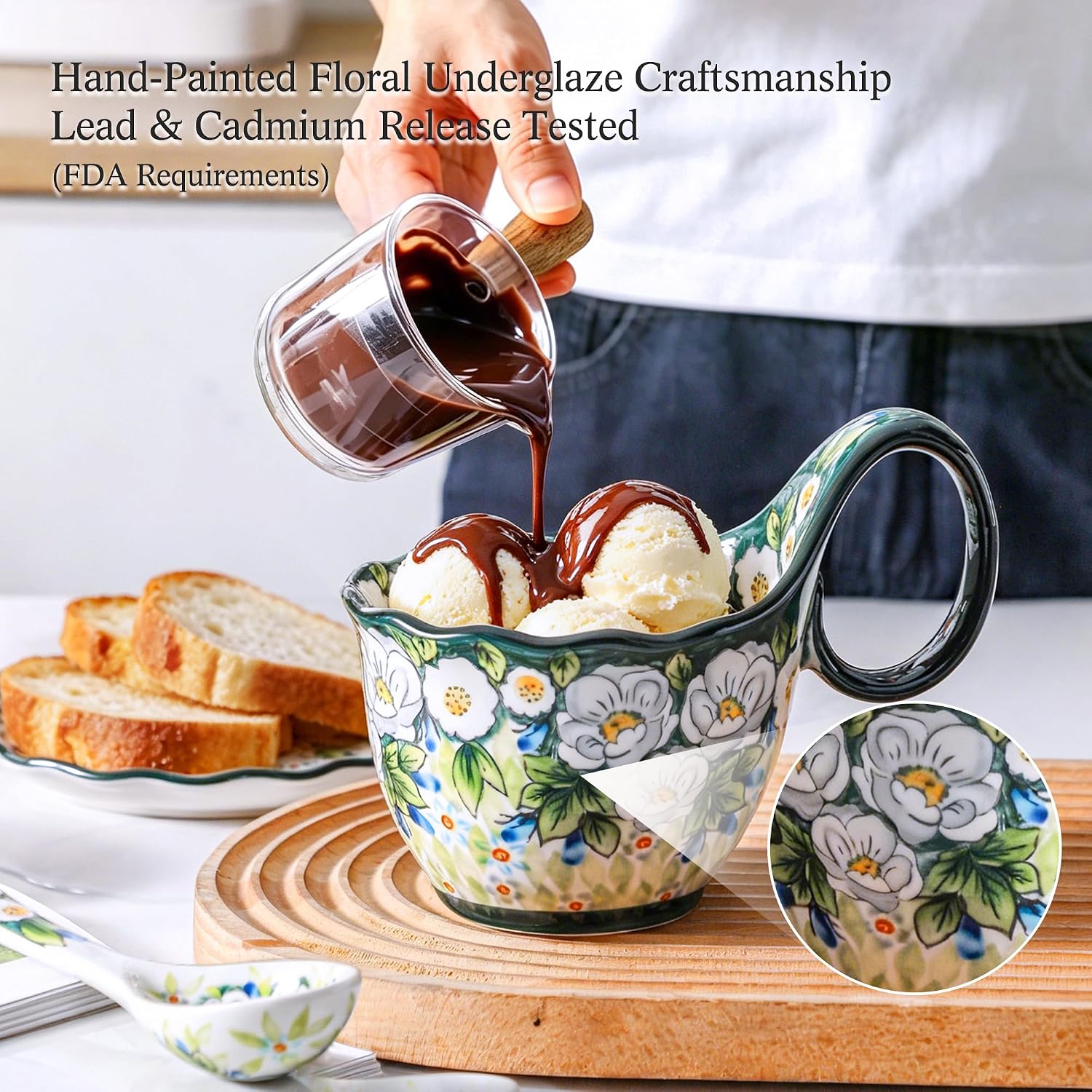 ALMA 16oz Soup Bowl with Handle, Ceramic Soup mug Set with Spoon&Side Plate