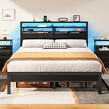 Furnulem Full Size Bed Frame with Headboard & 2 Fabric Drawers, Full Platform Bed Featuring LED Lights, Built-in Charging Station & Storage Shelves, Metal Slats, No Box Spring Needed – Black Oak