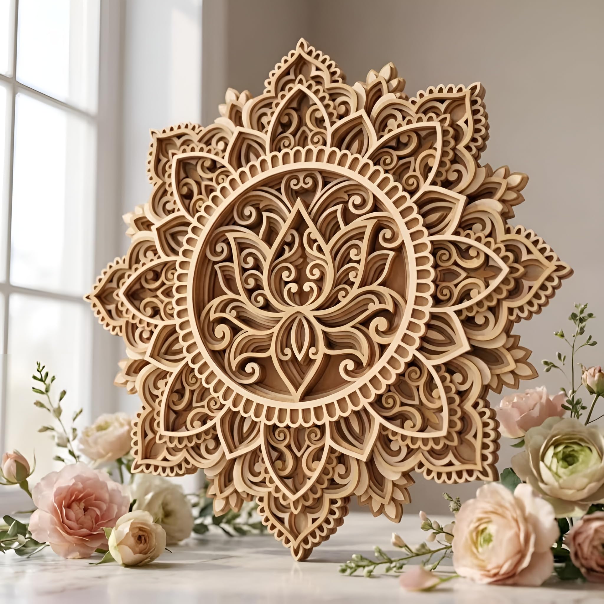 American Elm Mandala Wall Decor - 12 Inch Multilayer Wooden Lotus Mandala Wall Art - 7 Layer MDF Round Home Decor Ready-to-Hang-image-24