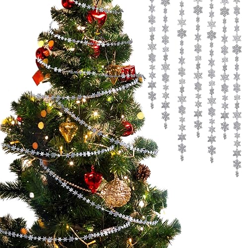 Boao Guirnalda colgante de copo de nieve de 32.8 pies, decoración de árbol de Navidad, guirnalda de copos de nieve de invierno con purpurina,