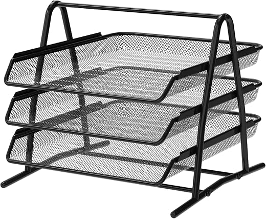Detectalia Desk and Document Organiser Tray, 3 Levels, Black, Folios A4, Desk Drawer, Filing Folders, Computer Desk, Drawer Organizer, Black Metal Mesh Material