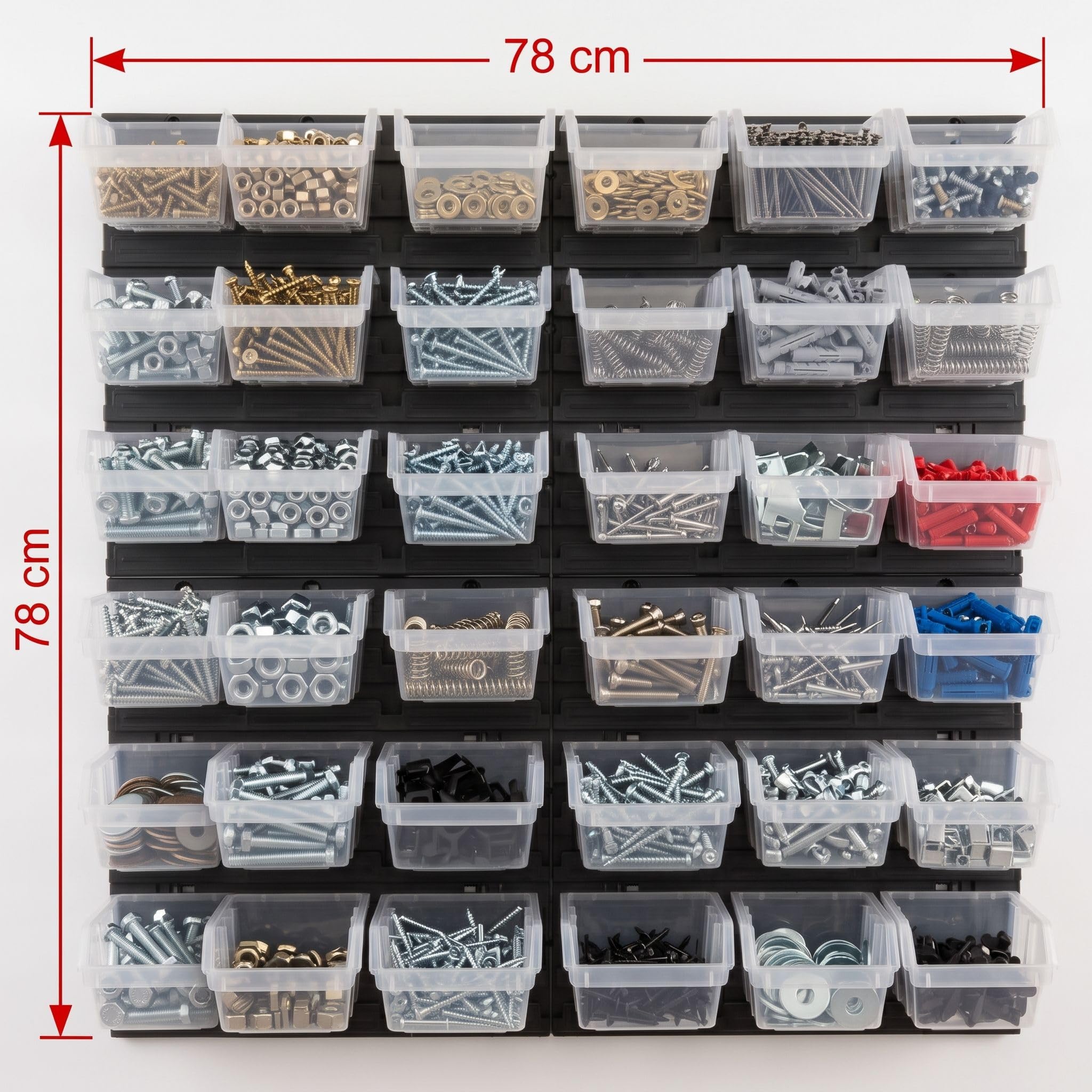 Étagère murale d'atelier avec 36 boîtes de tri transparentes, système de rangement pour vis, écrous et petites pièces, plastique, 78 x 78 cm, boîtes 190 x 123 x 90 mm, jusqu'à 20 kg, pour garage