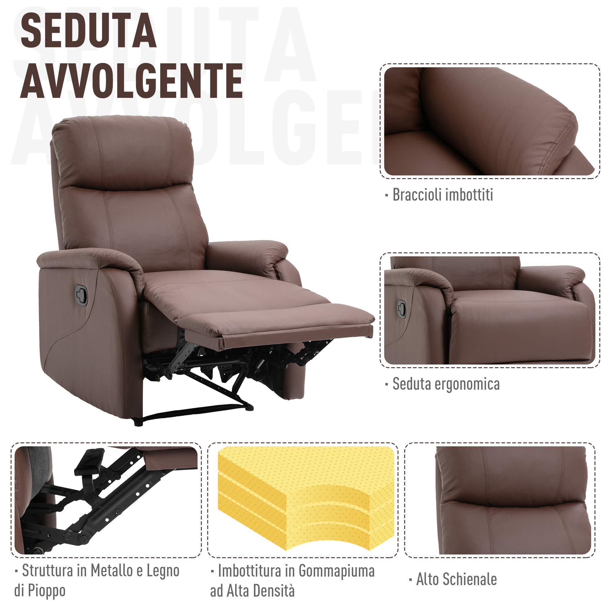 HOMCOM Poltrona Relax Manuale con Schienale Reclinabile 145° e Poggiapiedi in Pelle PU Marrone, 76x91x106cm