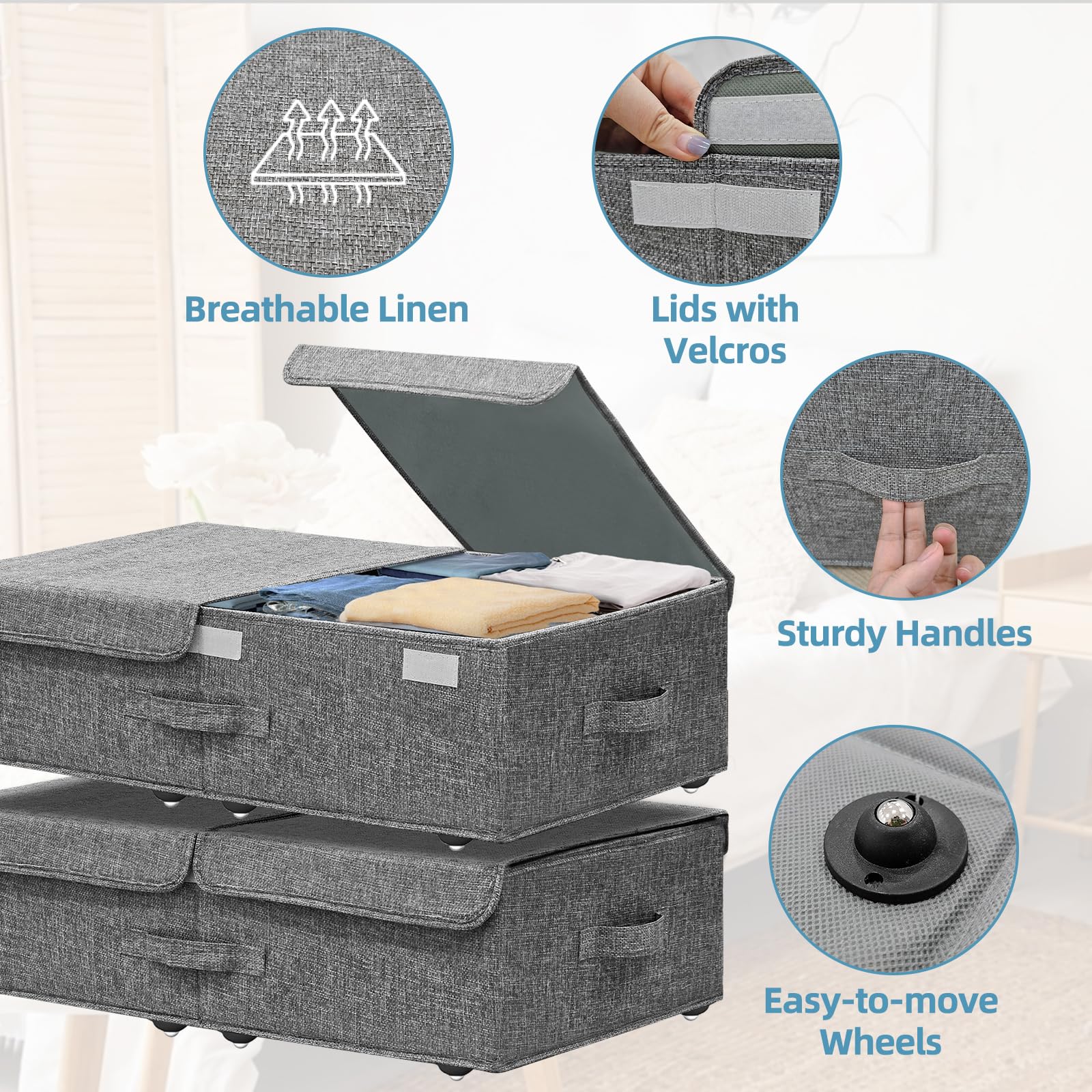 Unterbett-Aufbewahrungsbehälter mit Rollen, 2 Stück, 14 cm hoch, Unterbett-Rollbox, Aufbewahrungskörbe, Schubladen mit Deckel, für Schlafzimmer, Schlafsäle, Kleidung, Schuhe, Decken, keine