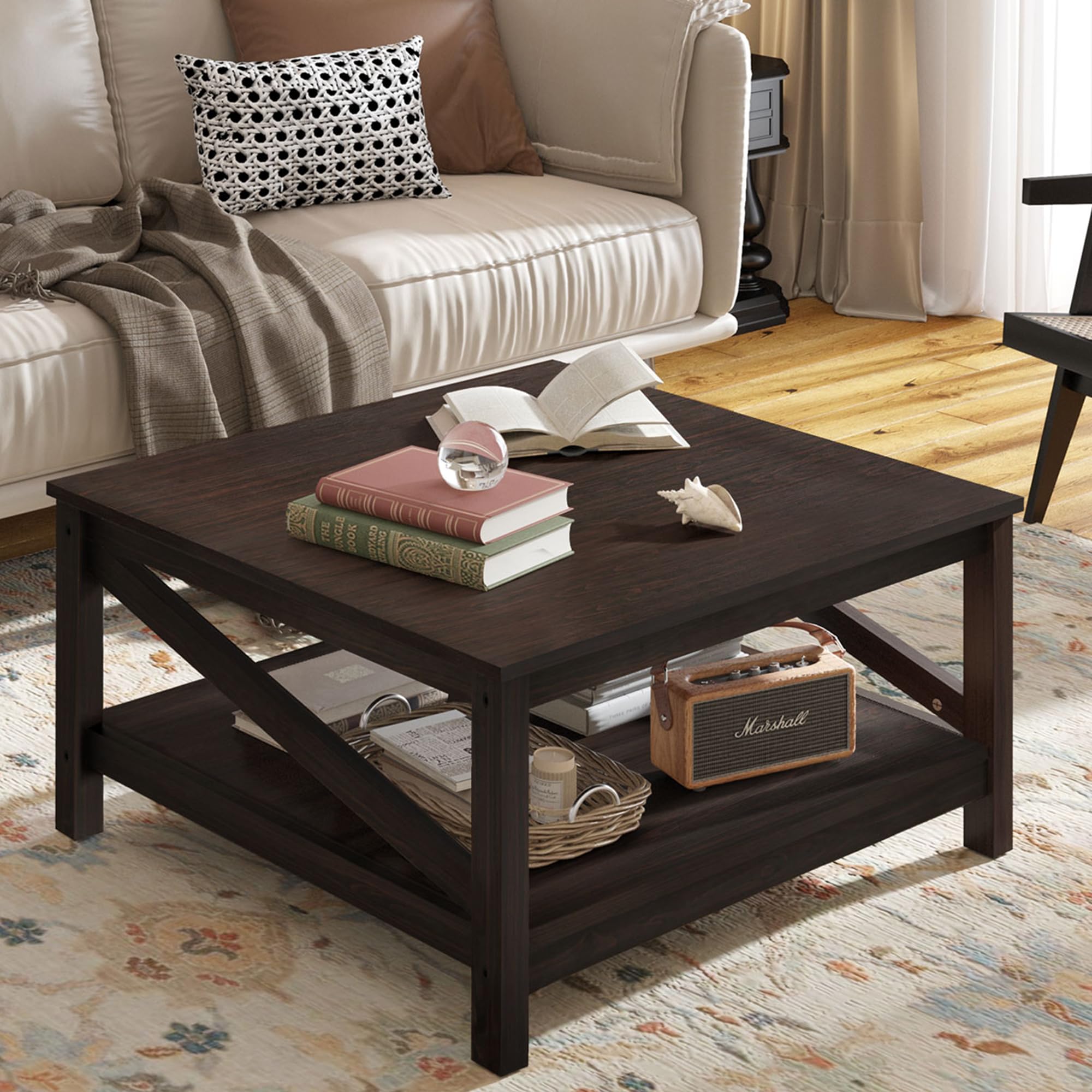 YITAHOME Square Coffee Tables with Storage, Farmhouse Coffee Table for Living Room, 2-Tier Center Table Coffee Table with Open Storage Shelf for Home, Wood Small Industrial Cocktail Table, Espresso