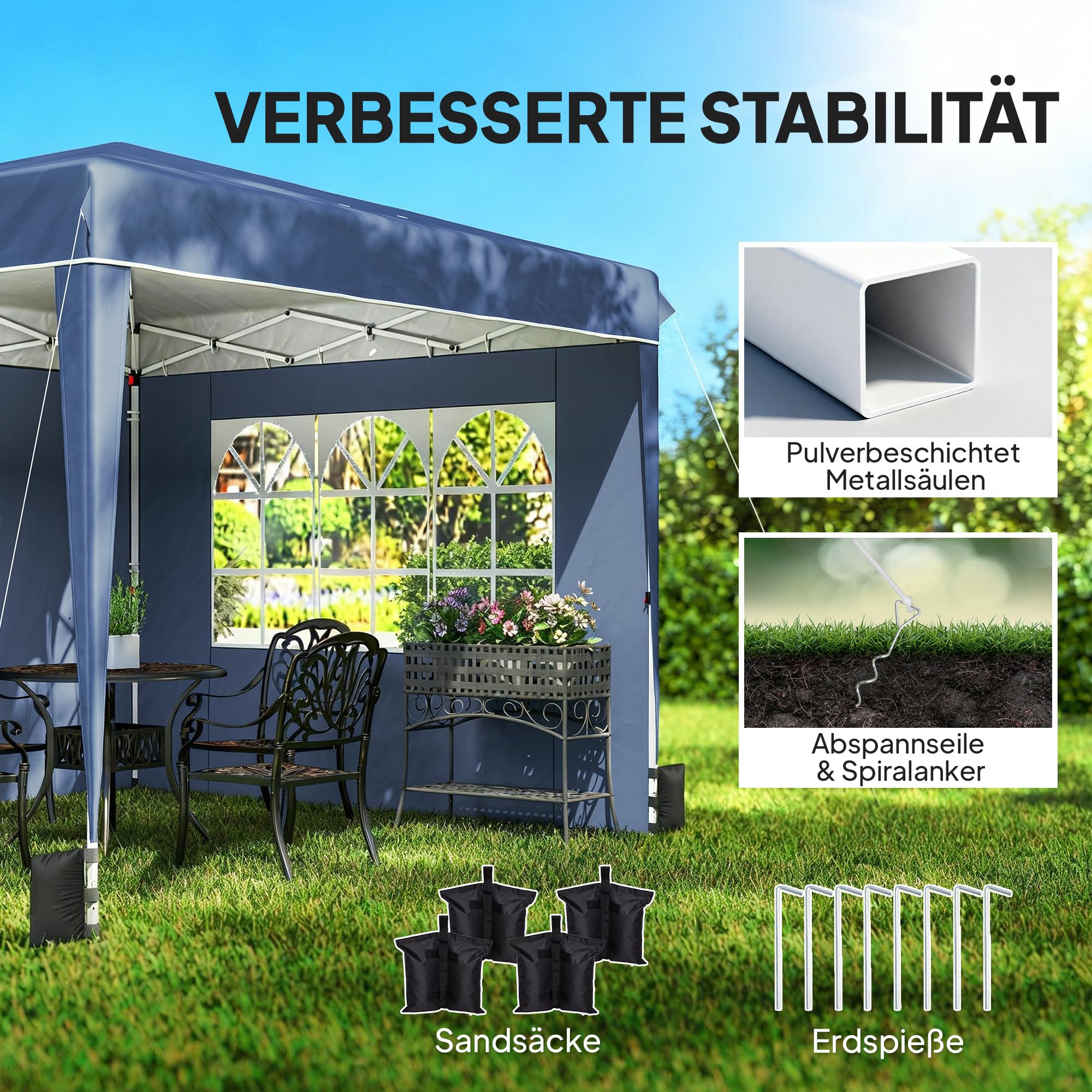Outsunny Pavillon 3 x3 m Wasserdicht Höhenverstellbar Pop-up Dunkelblau