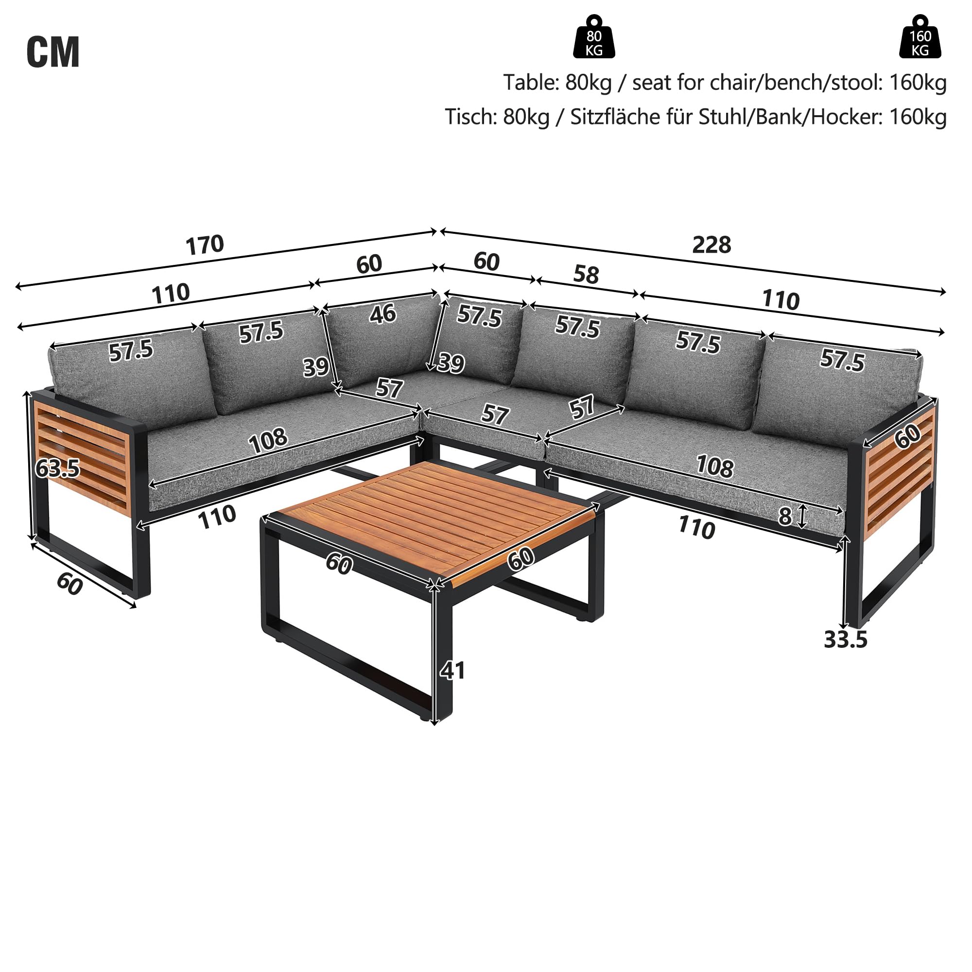 Ensemble Salon de Jardin Exterieur 5-6 Places, Mobilier de Jardin en Métal avec Structure en Fer Zinc et Accoudoirs en Bois, Canapé d'angle Modulable, Table Basse en Bois Massif
