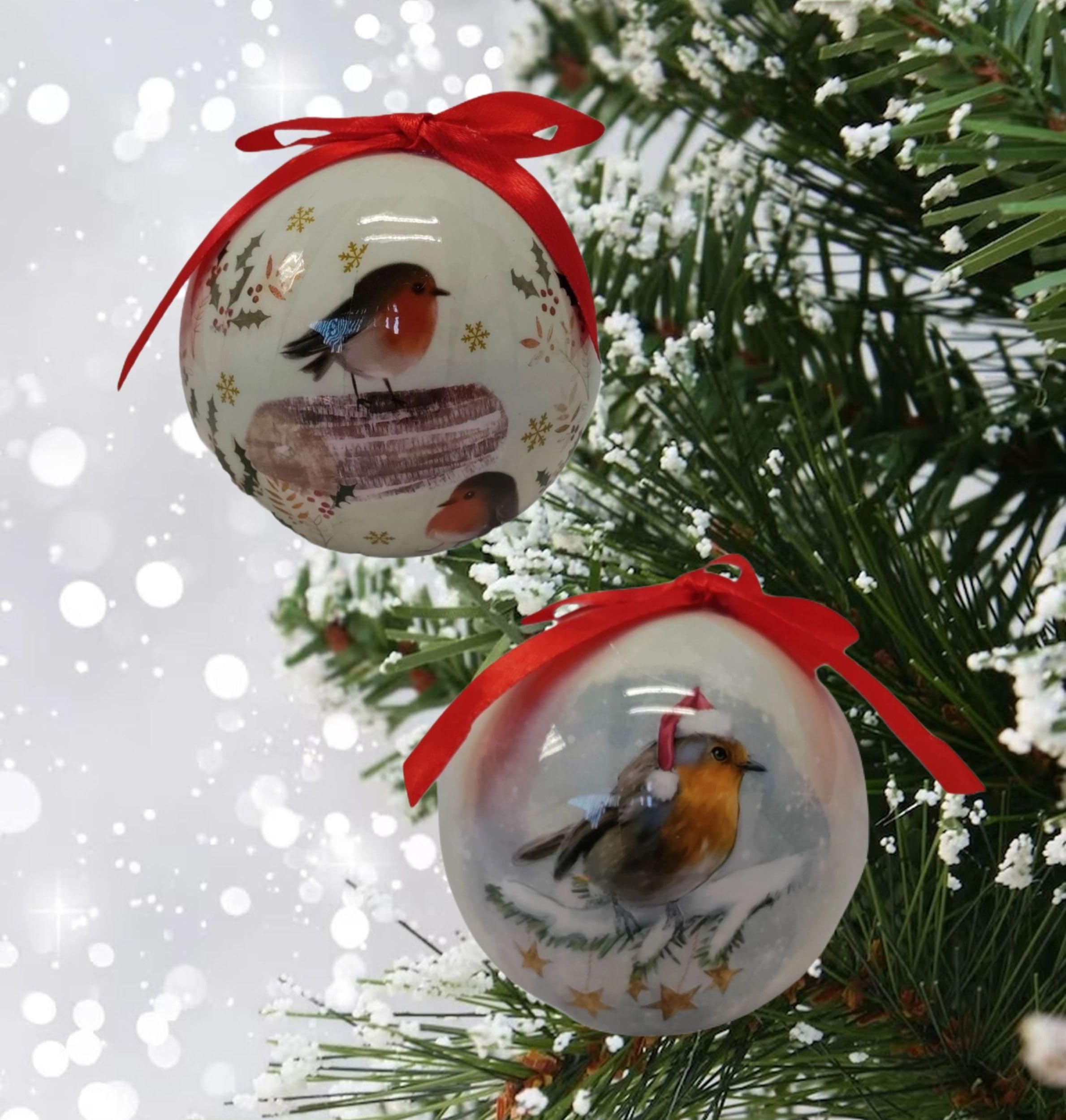 Robin Decoupage Baubles - Traditional Christmas Tree Ornaments - 75mm Glossy Baubles - Boxed